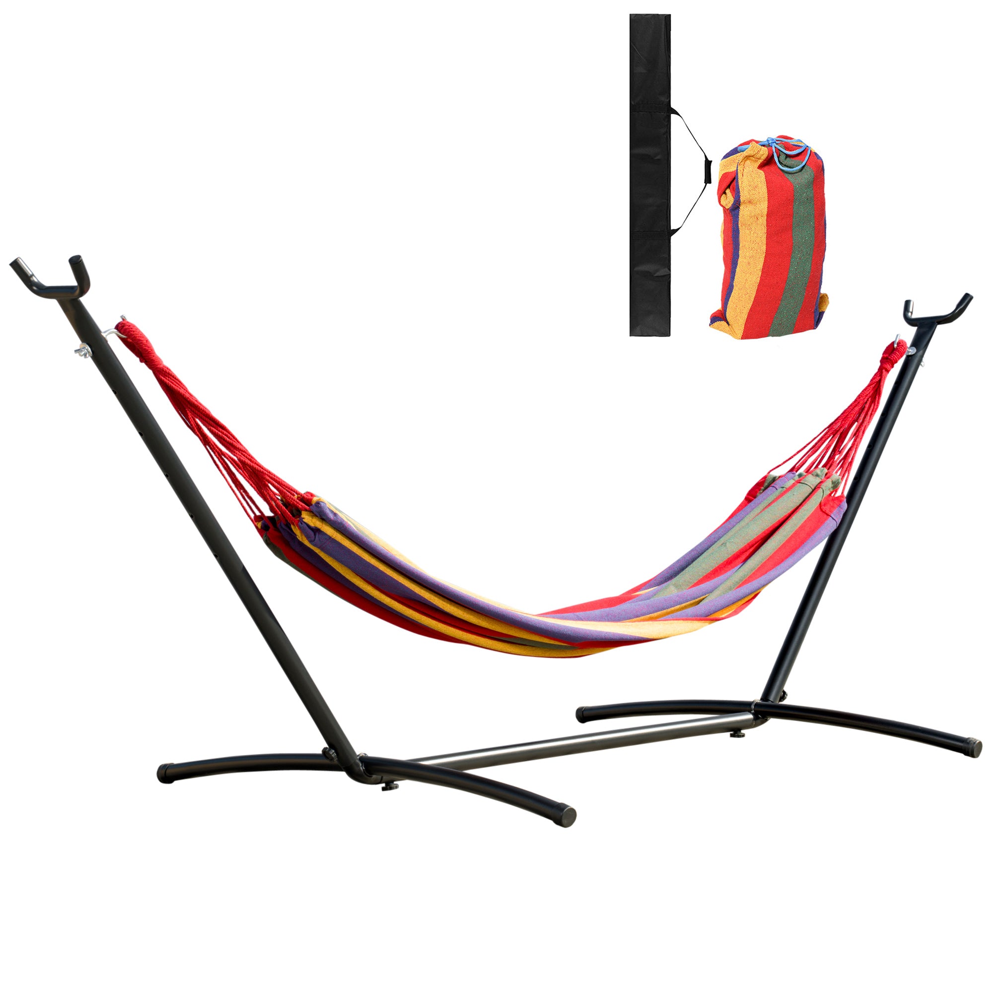 Outsunny Hængekøje med Stålstand - Bærbar Hængekøje til Haven med 6 Justerbare Højder og Transporttaske til Terrasse - Belastning 120 kg 200x150 cm Multifarvet