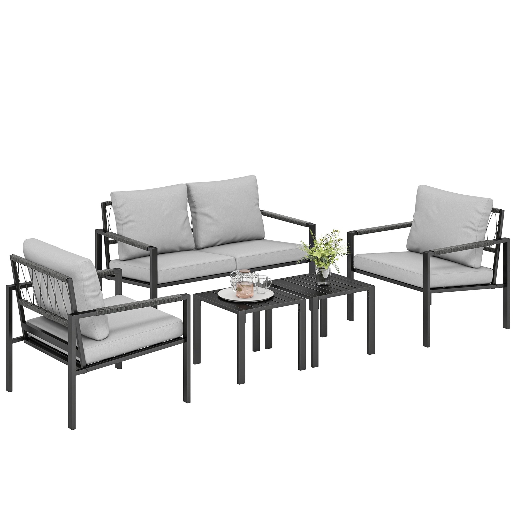 Outsunny 5‑teiliges wetterbeständiges Gartenmöbel-Set für 4 Personen – 2‑Sitzer‑Sofa, 2 Sessel mit Kissen, 2 Beistelltische, hellgrau