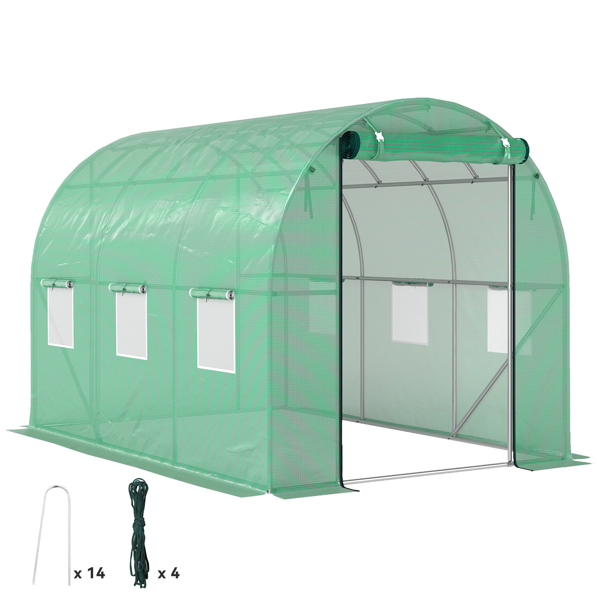 Greenhouse 200x300x200cm Polyethylene Greenhouse Tomato House with Door, 6 Windows, Galvanized Steel Foil Tunnel, 170g/m? PE, Stable Plant Tunnel, Greenhouse Including Ground Anchors & Ropes, Green