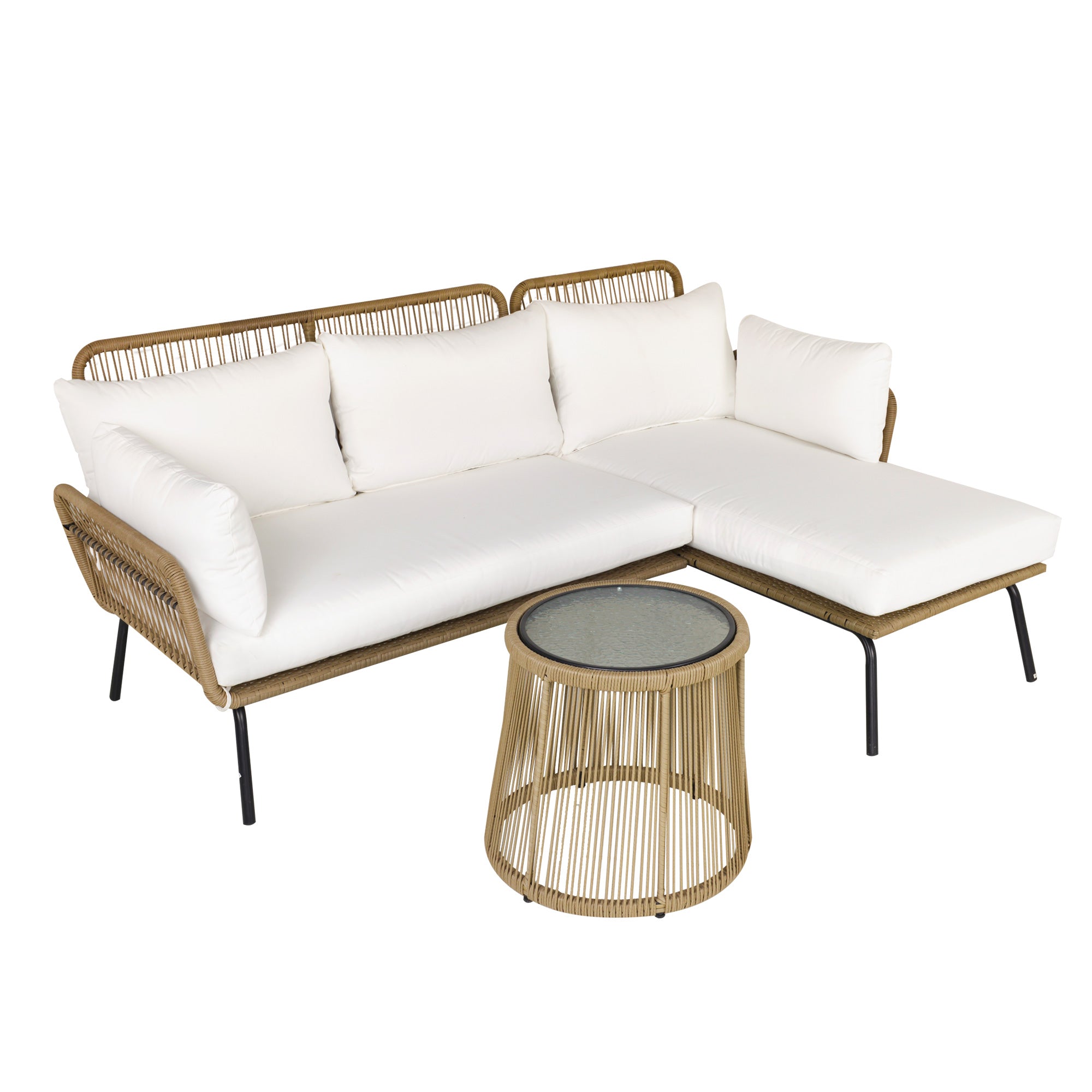 Rattan Garden Furniture Set 3 Piece Outdoor Corner Sofa with Cushions, L-Shaped Patio Lounge Set with Round Coffee Table, Natural