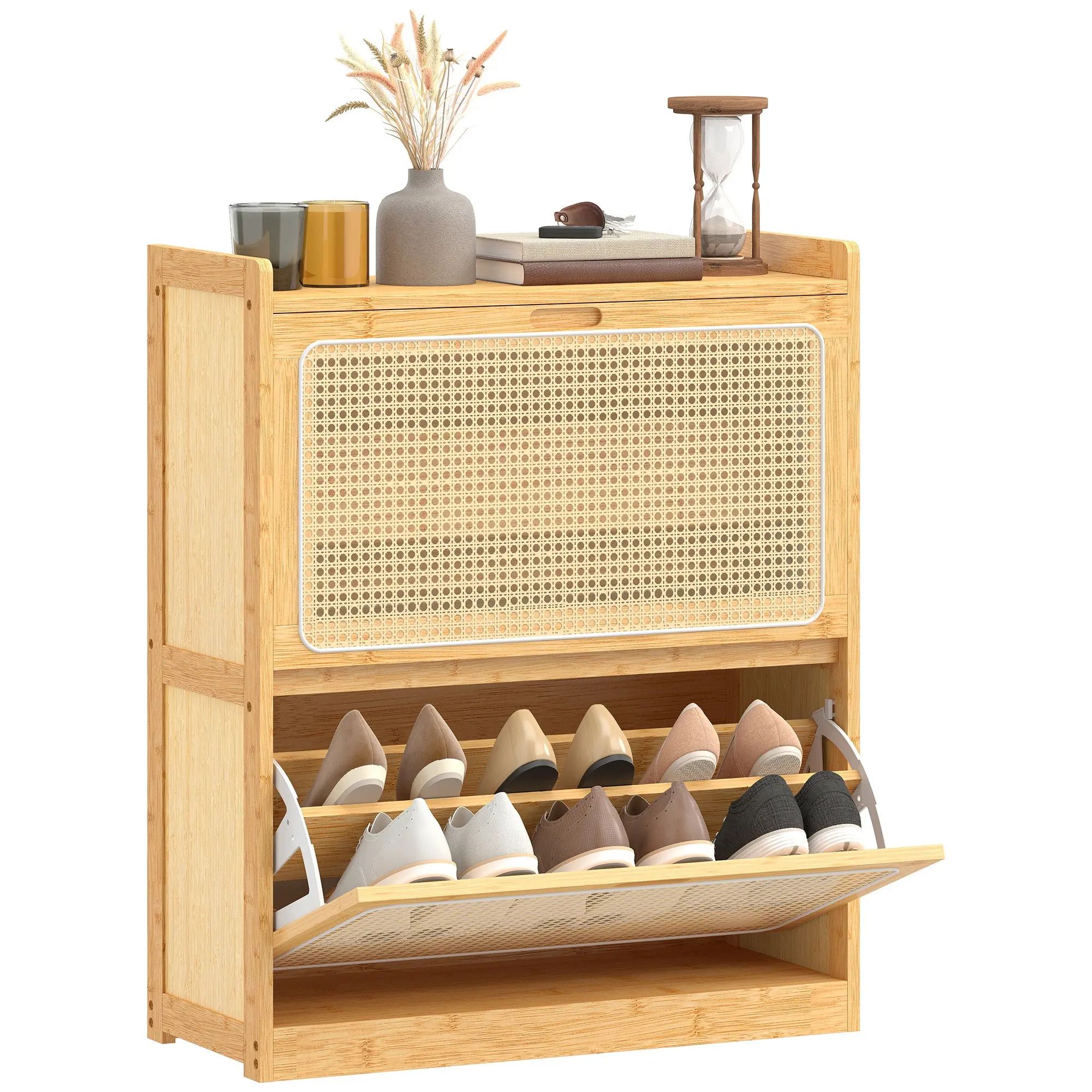 Narrow Bamboo Shoe Cabinet with 2 Tilt-Out PE Rattan Drawers, Adjustable Shelves, Fits 12–14 Pairs, for Halls & Entrances, 69 x 29 x 83 cm (27.2 x 11.4 x 32.7 in), Natural