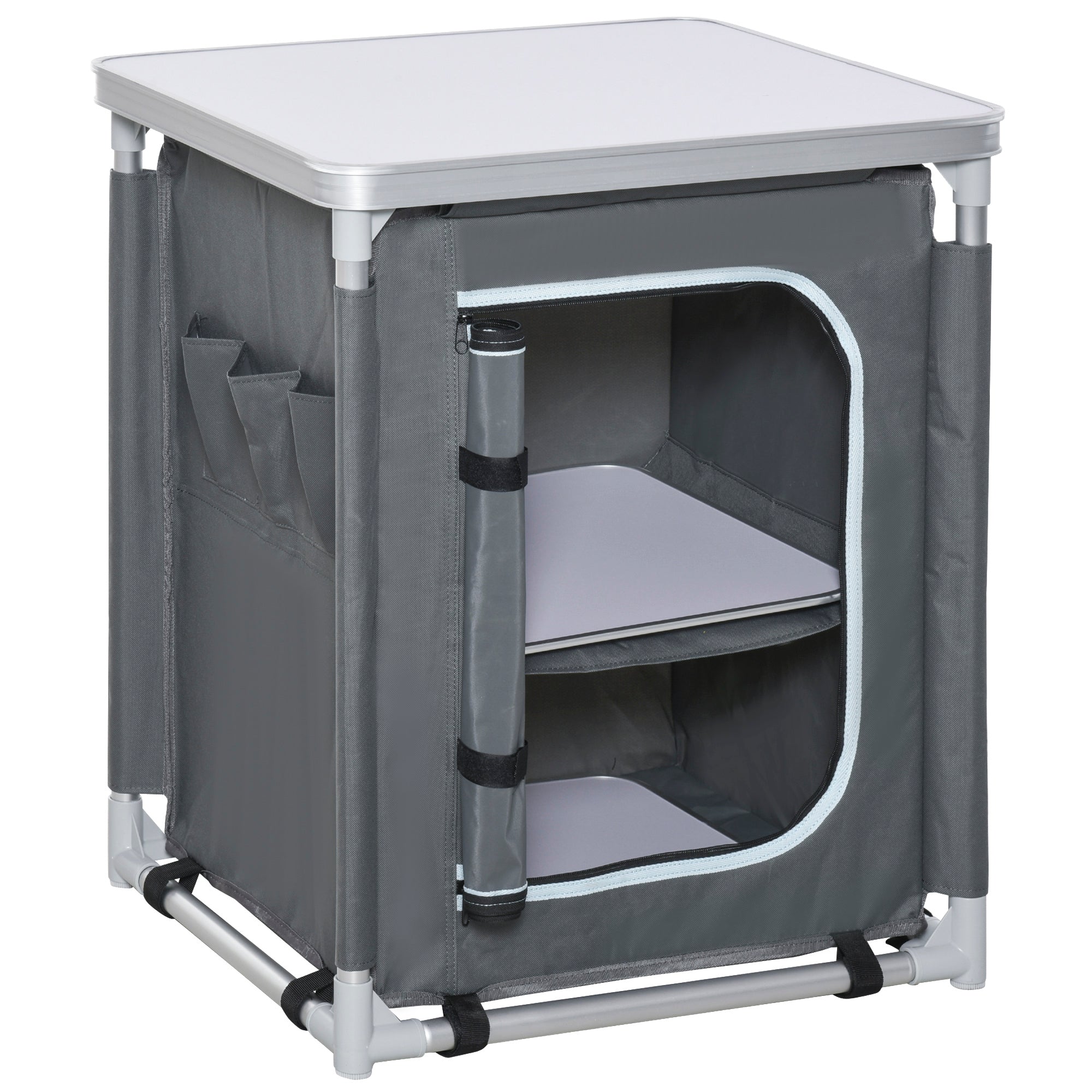 Outsunny Sammenklappelig Camping Kokken Skab med 2 Hylder og Transporttaske, Aluminium og Oxford Stof 60x49x70 cm Grå