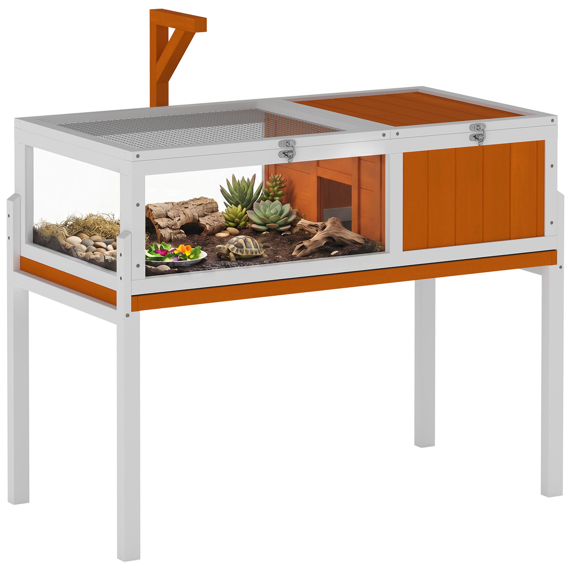 PawHut Enclos surélevé pour tortues en bois avec fenêtre d'observation, couvercle basculant, support lampe et gamelle – 104 x 53 x 82 cm (Blanc et orange)