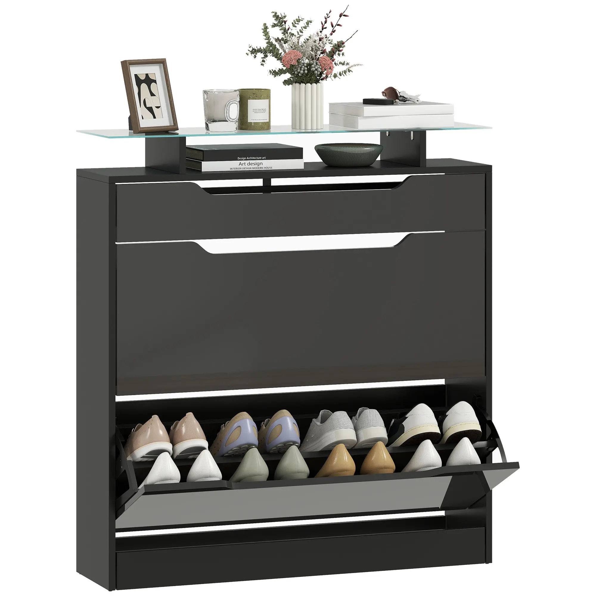 Shoe Cabinet with 2 Drop-Down Compartments, 1 Sliding Drawer, Glass Top & Adjustable Shelf — 35 x 9.1 x 37.8 in, Black