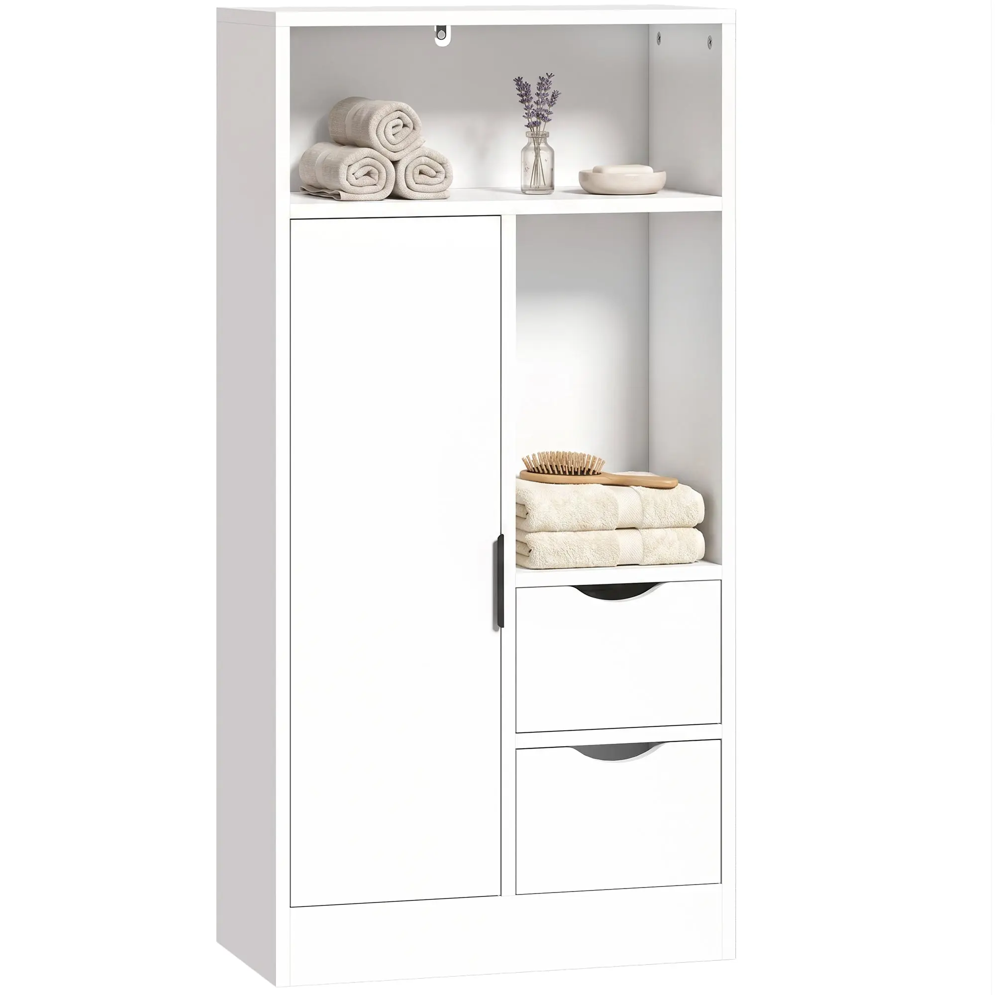 Slim White Bathroom Cabinet – 2 Drawers, Door & Adjustable Shelf (19.7 x 9.8 x 39.4 in)