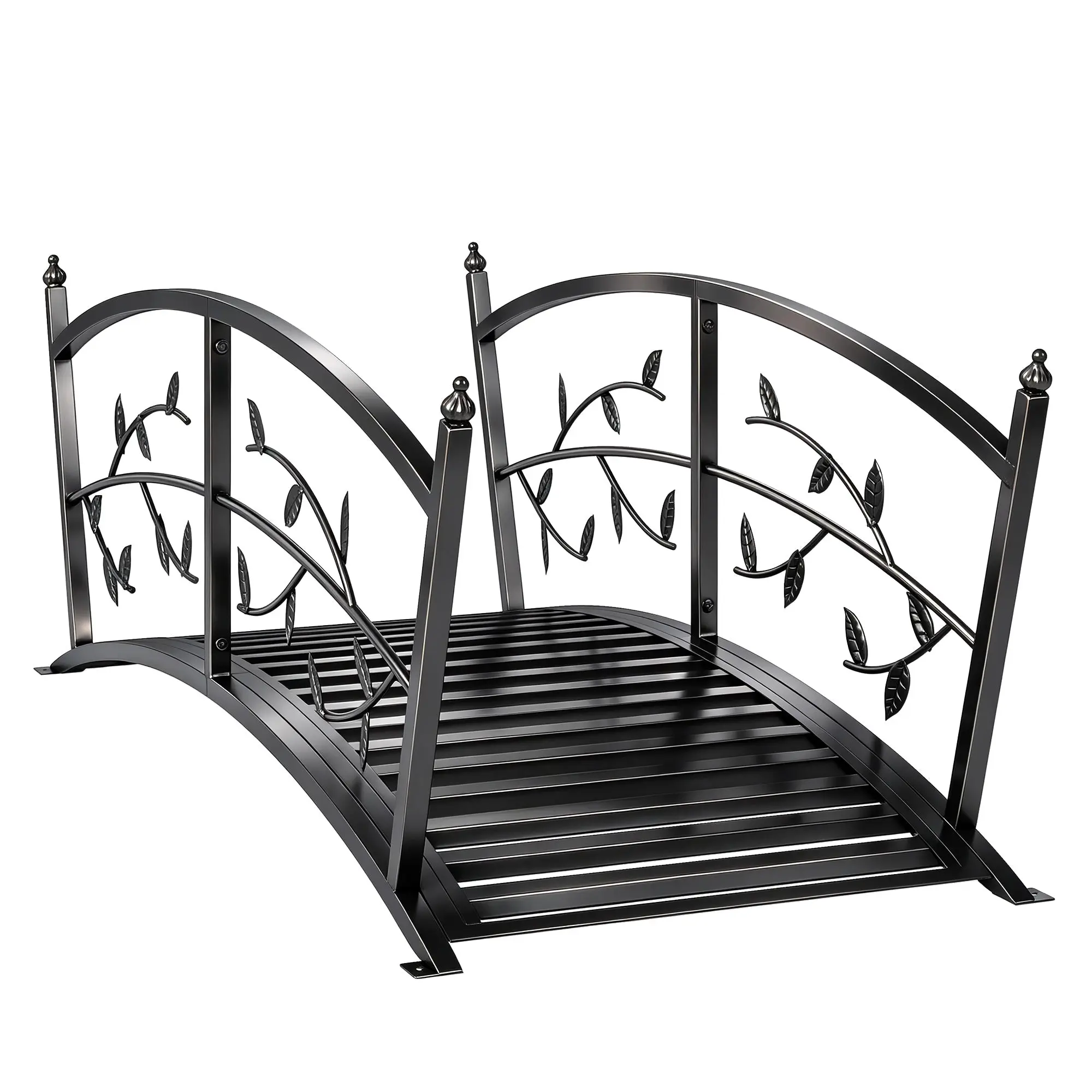 Metal Garden Bridge 120cm, Decorative Pond Bridge with Handrails, Vine Leaf Design, Powder-Coated Steel, Black
