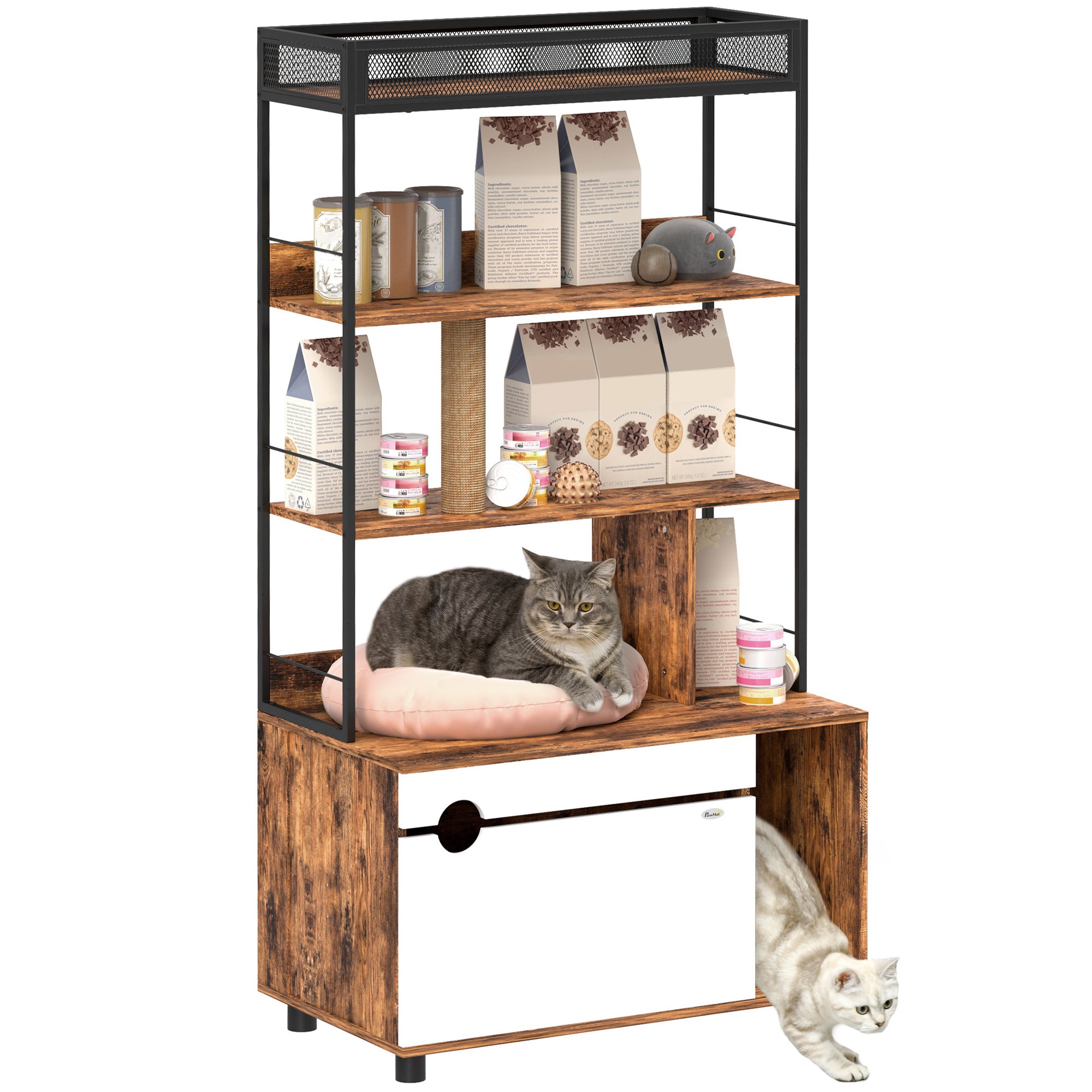 2-in-1 Cat Litter Box Cabinet, Cat Litter Box with 3-Level Shelf, Scratching Post, Swinging Door, Cat House for Cat up to 6 kg, 80 x 48 x 152 cm, Rustic Brown