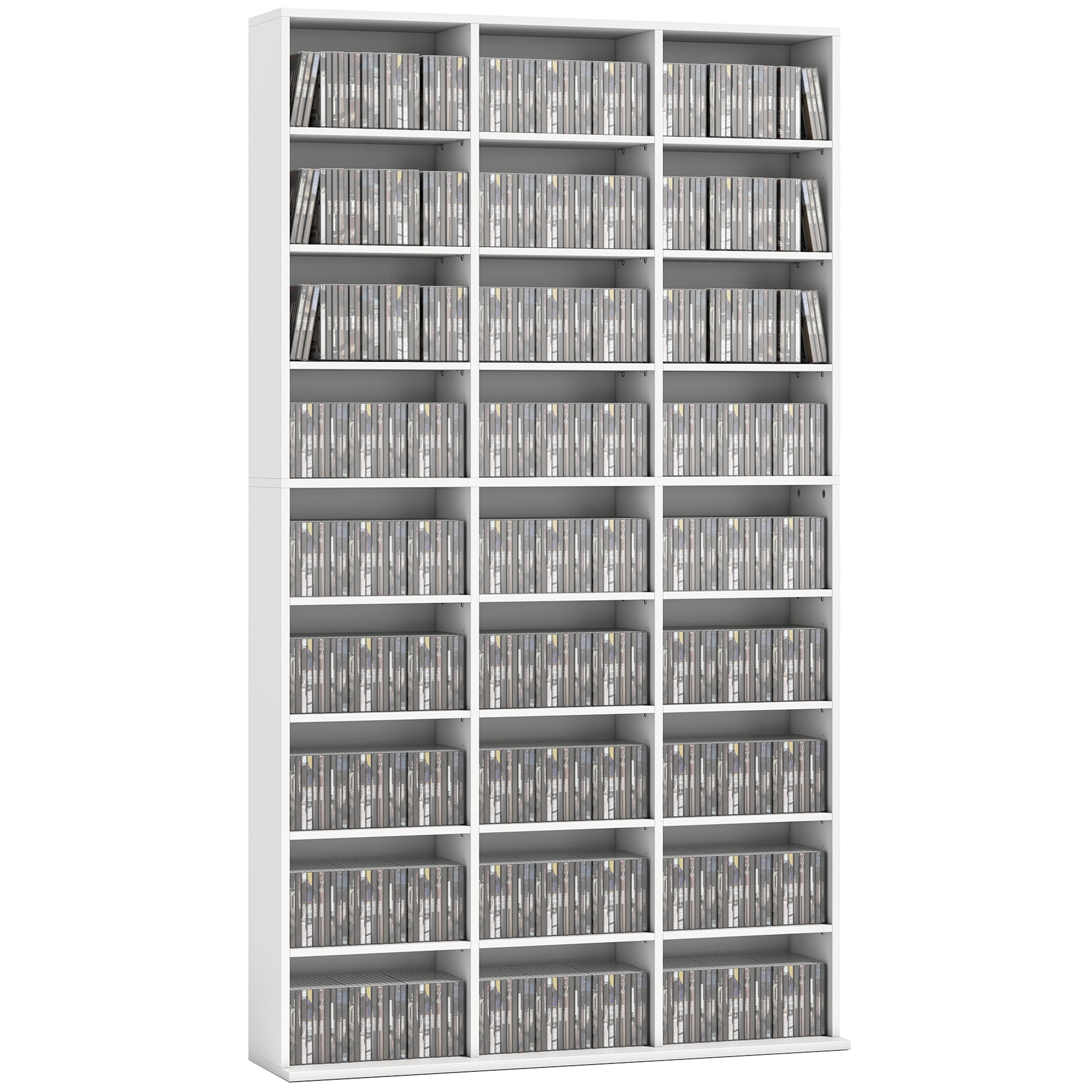 CD/DVD Shelf for 835 CDs or 500 DVDs, Blu-ray Media Shelf with 27 Compartments and 21 Adjustable Shelves, Media Tower for Living Room, Bedroom or Office, White