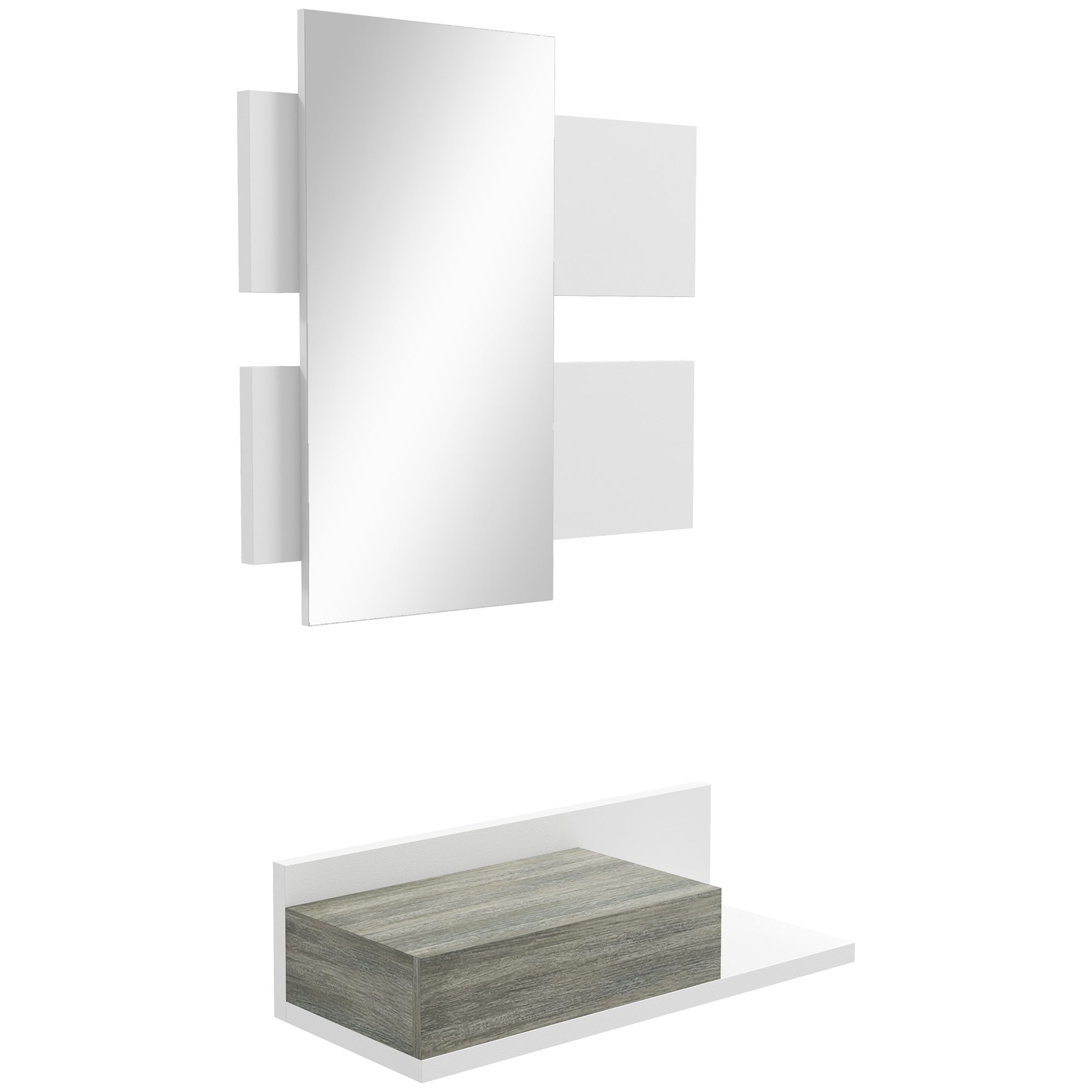 HOMCOM Előszobabútor Szett Fali Tükörrel és Fiókkal Modern Stílus 75x3.5x75 cm és 75x30.5x20 cm Fehér és Szürke