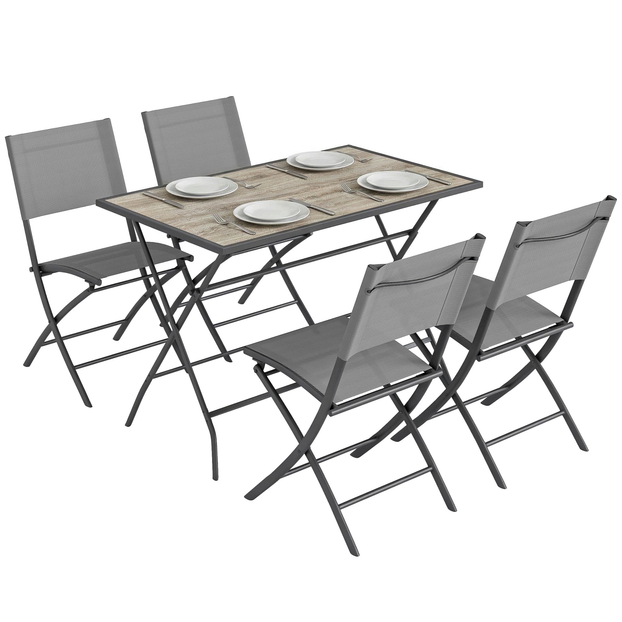 Salon de jardin pliant 5 pièces Outsunny – Table effet bois gris avec 4 chaises en toile respirante, gain de place, résistant aux intempéries