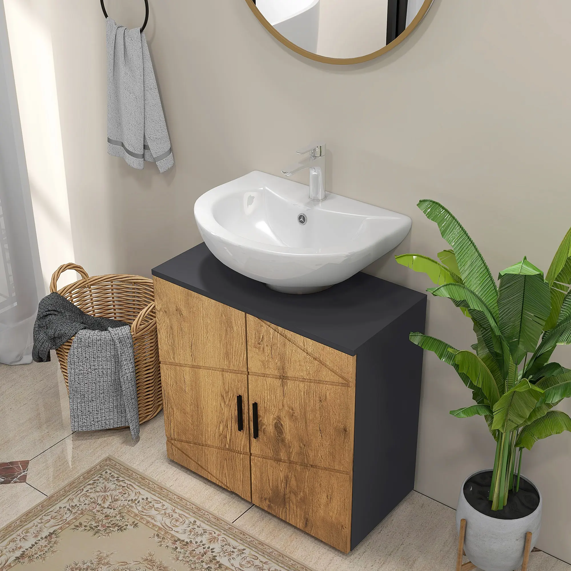 Under Sink Bathroom Cabinet 2 Doors with Adjustable Shelf Storage Cupboard for Washbasin 60 x 30 x 60 cm Anthracite Grey and Wood effect