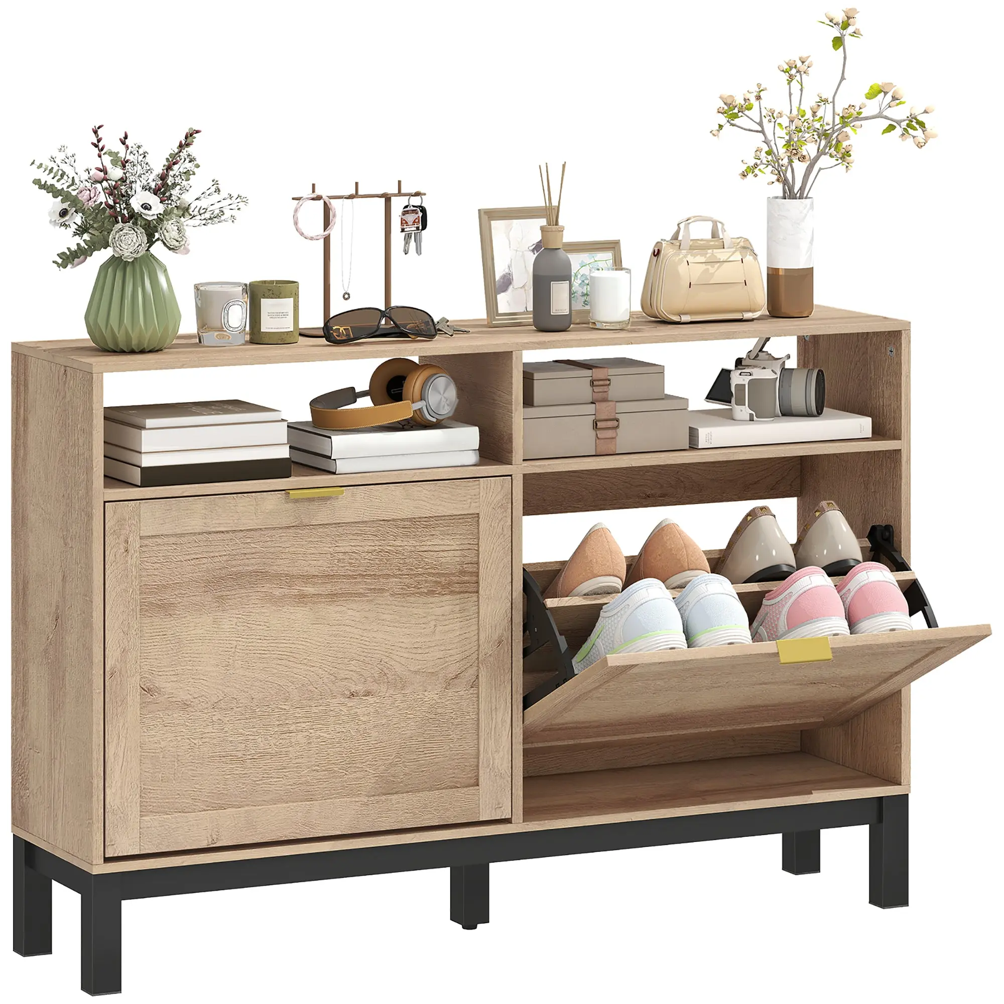 Slim Space-Saving Shoe Cabinet with 2 Flip Doors — Entryway Storage for 8 Pairs, Adjustable Removable Shelves, Open Shelves, Raised Base, Walnut