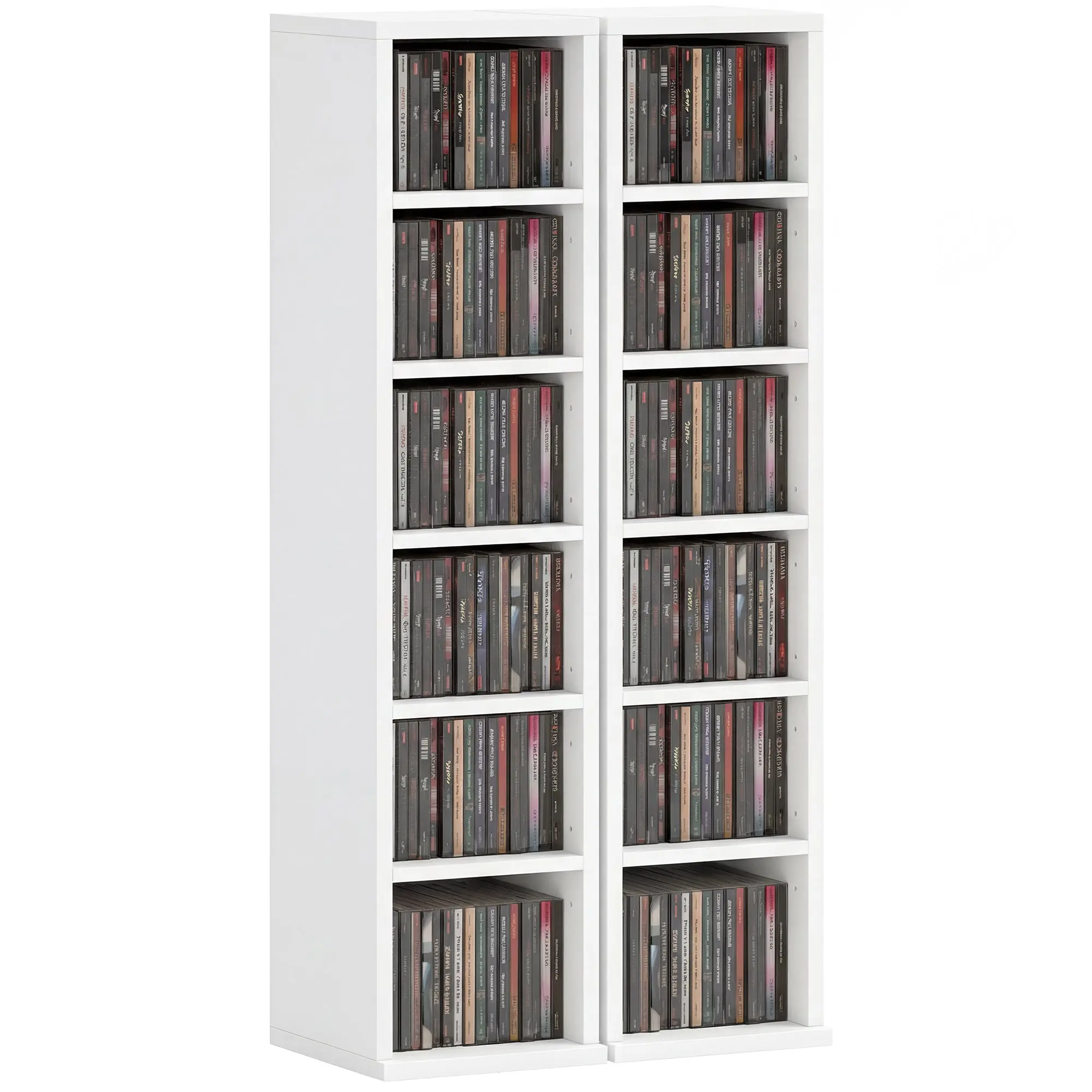 2-Pack Stackable CD, DVD & Blu-ray Shelf - 6 Adjustable Compartments, Media Storage Display, 21 x 22.5 x 88.5 cm, White