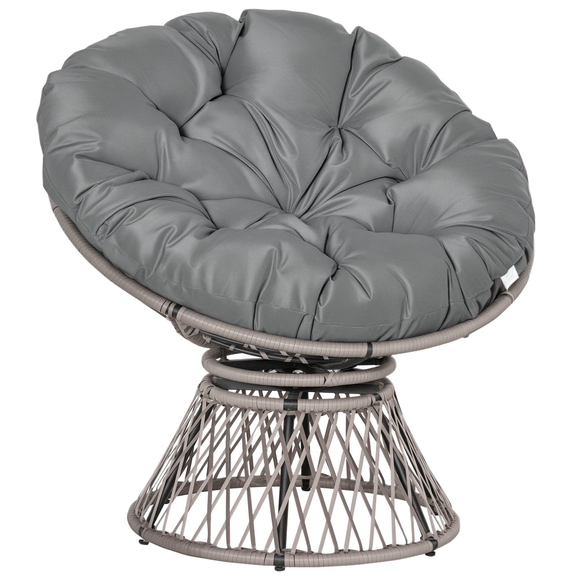 Outsunny Sintetinio Rattano Sukamasis Papasan Krėslas Ovalus Vezimėlis PE Krėslas su Pagalvėle ir Plieniniu Rėmu, Laikanti iki 160 kg, Sodas, Terasa, 87x97x86 cm, Pilka