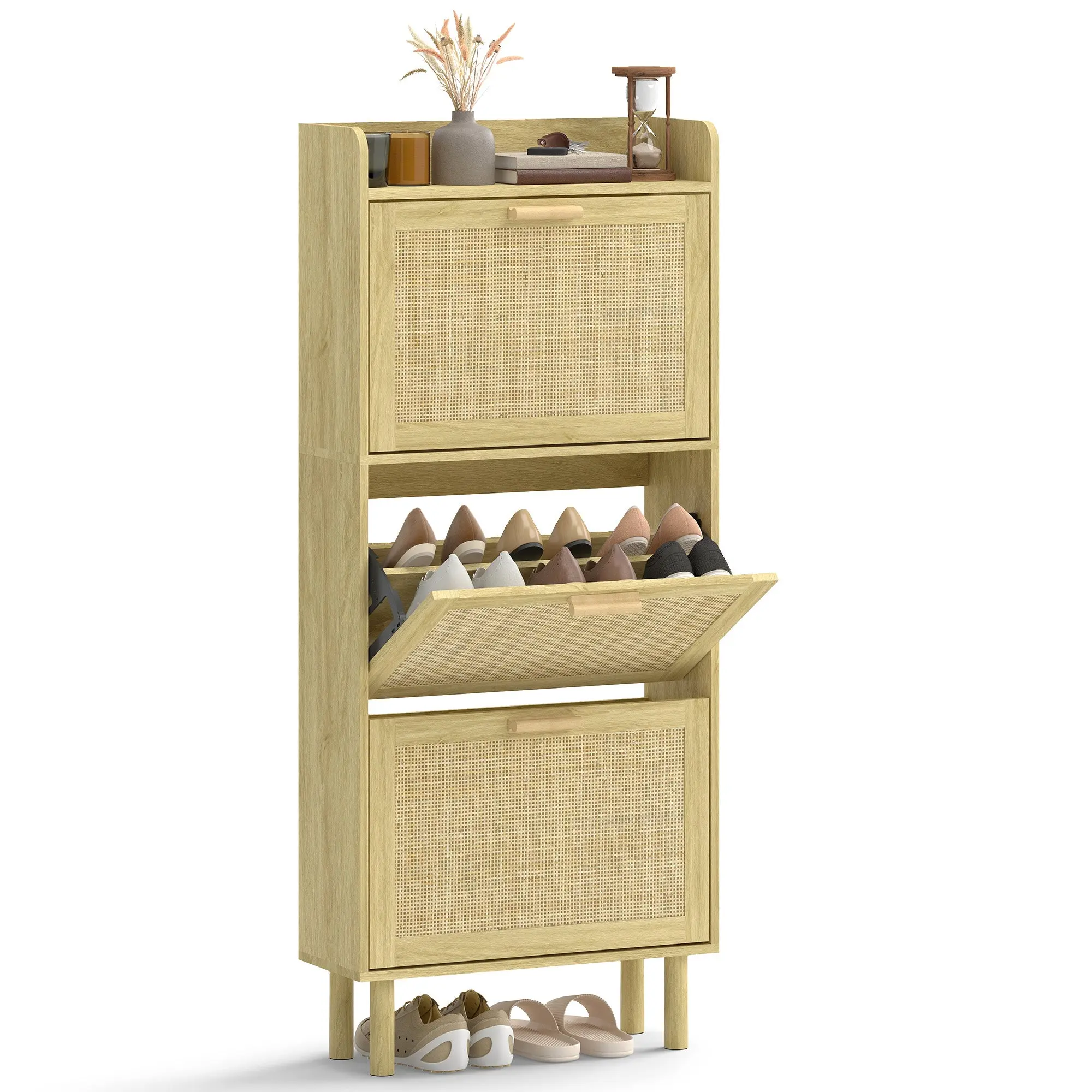 Narrow Shoe Cabinet with 3 Flip-Down Compartments, Entryway Organizer with Open Shelf, Wooden Legs, Fits 12–18 Pairs, 65 x 24.5 x 153 cm, Oak