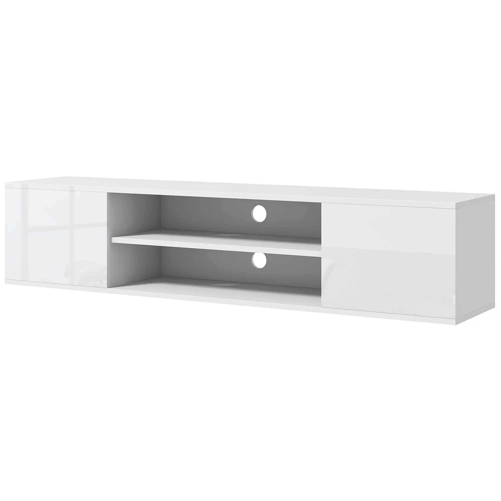 Wall-mounted TV bench in contemporary style - 2 cupboards 2 central niches and 2 cable management holes 140 x 30 x 30 cm white