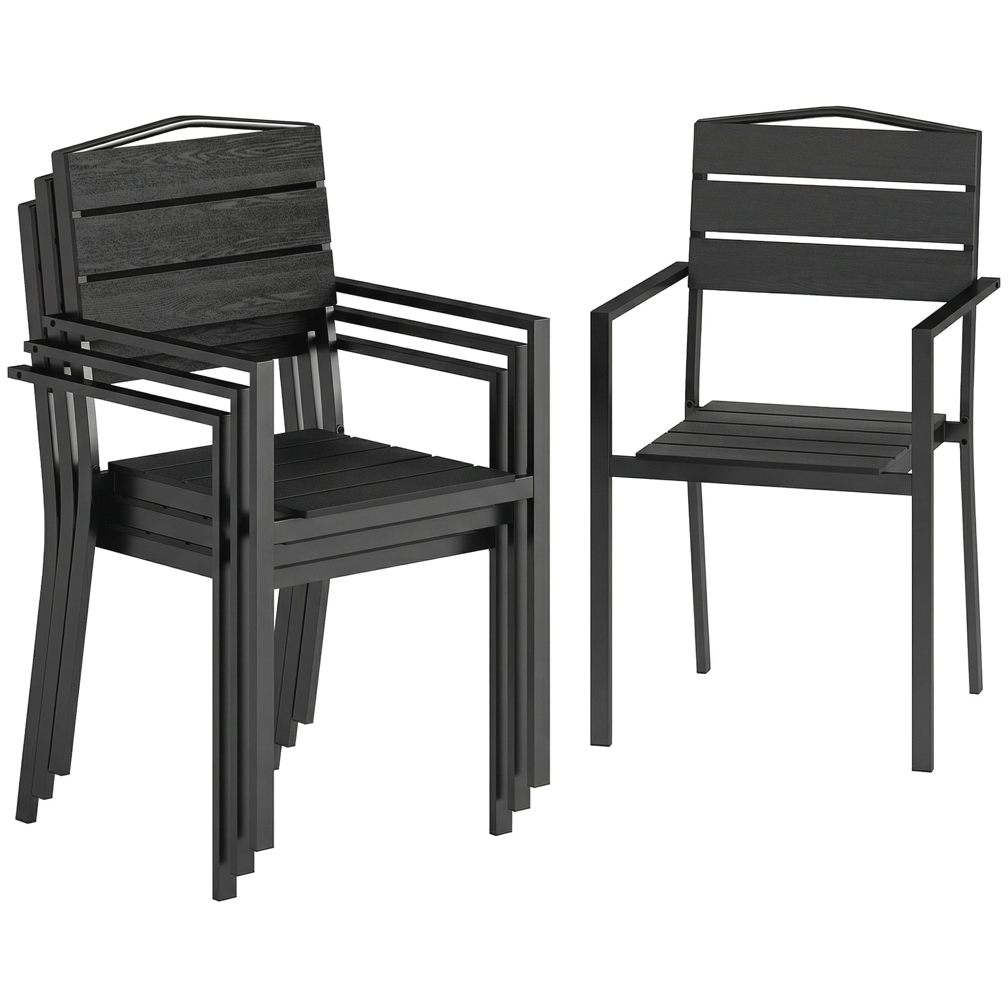 Outsunny havestole – sæt med 4 stablerbare terrasse- og balkontole med lamel-design og armlæn, vejrbestandige (120 kg), sort, 52 x 51 x 90 cm
