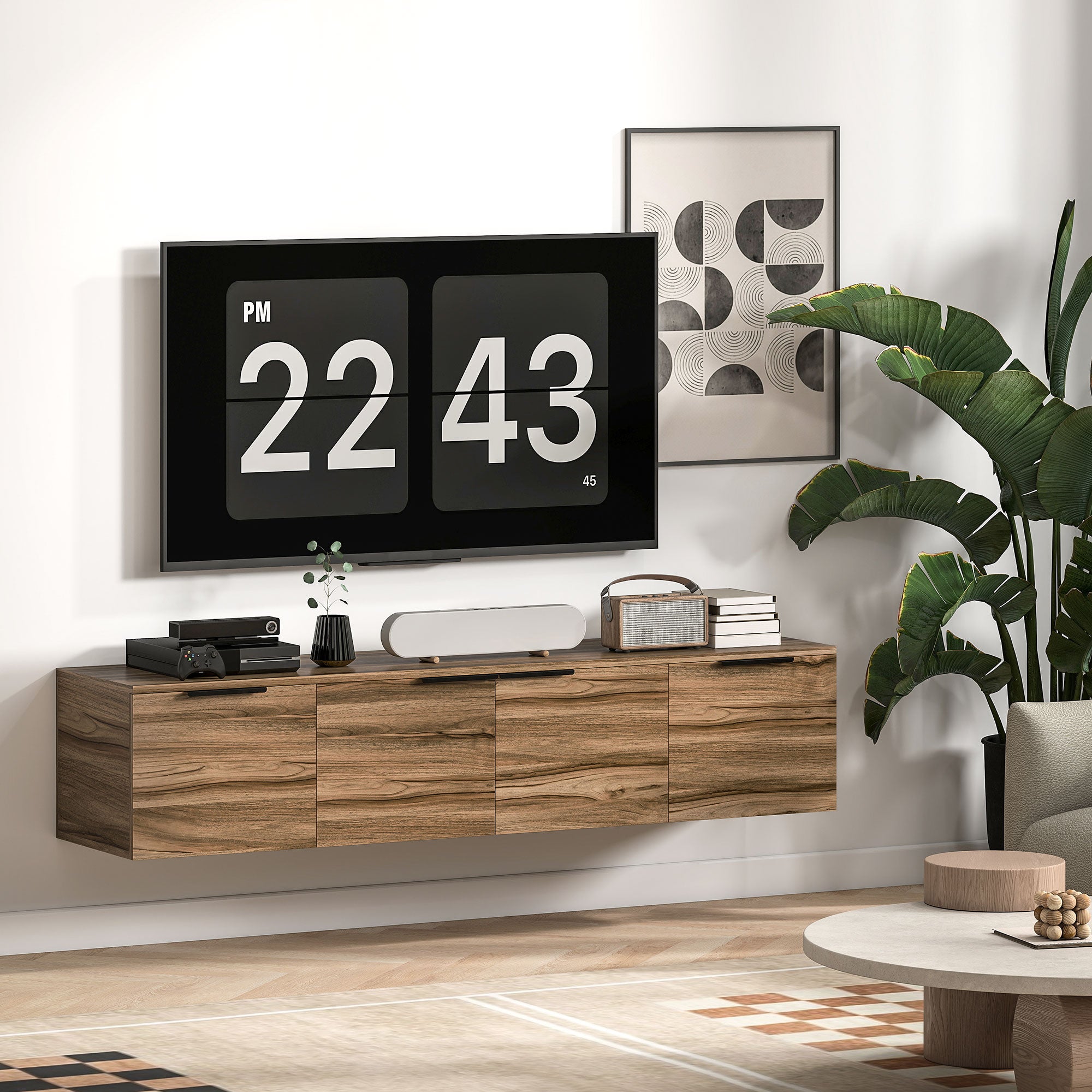 Wall Mounted TV Stand for 65" TVs, TV Cabinet with 3 Cabinets and Removable Shelves, for Living Room, Bedroom, and Lounge, 150x35x32 cm, Brown
