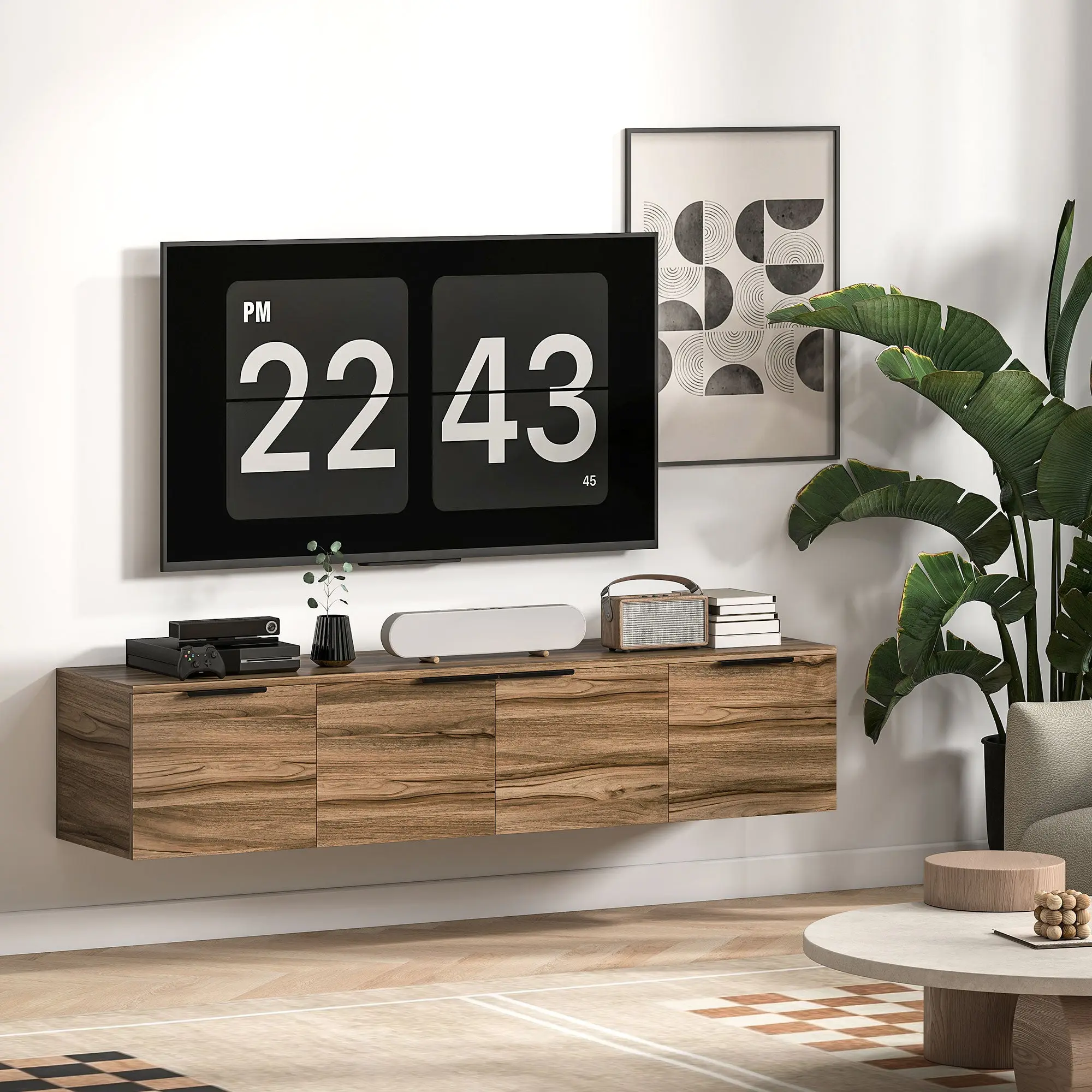 Wall Mounted TV Stand for 65" TVs, TV Cabinet with 3 Cabinets and Removable Shelves, for Living Room, Bedroom, and Lounge, 150x35x32 cm, Brown