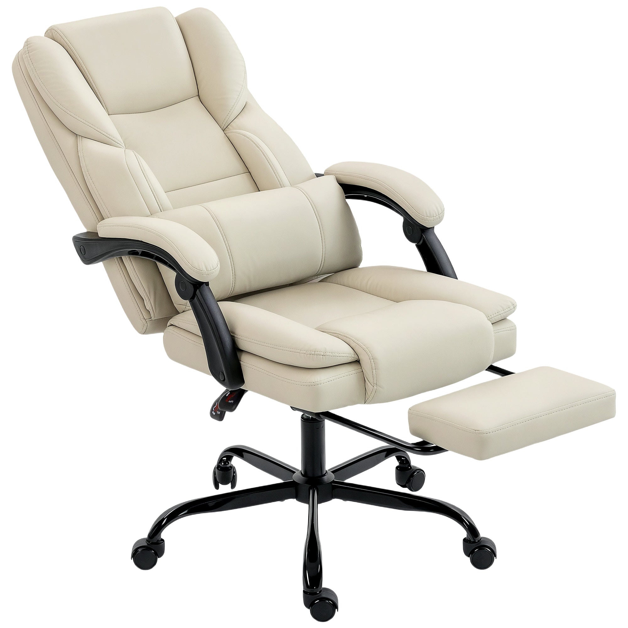 HOMCOM ergonomisk kontorstol med justerbar ryg, udtrækkelig fodskammel, polstret drejesæde i kunstlæder, højdejusterbar — beige