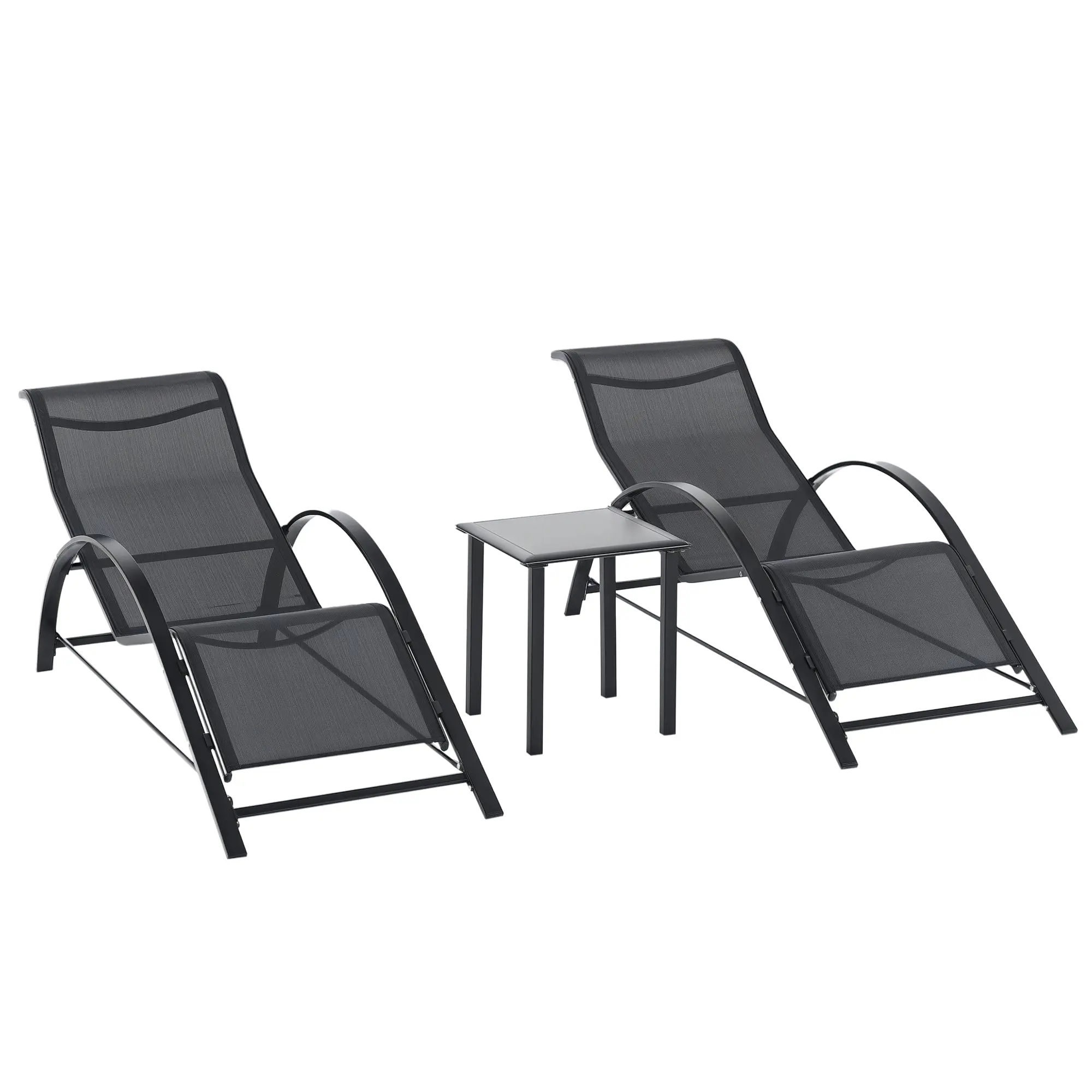 Garden Lounger Set Metal Mesh 3-Piece Sun Lounger with Tea Table Garden Furniture Set with 2 Sun Loungers, 1 Side Table Outdoor Seating Group for Garden, Balcony 59W x 169D x 66H cm Black