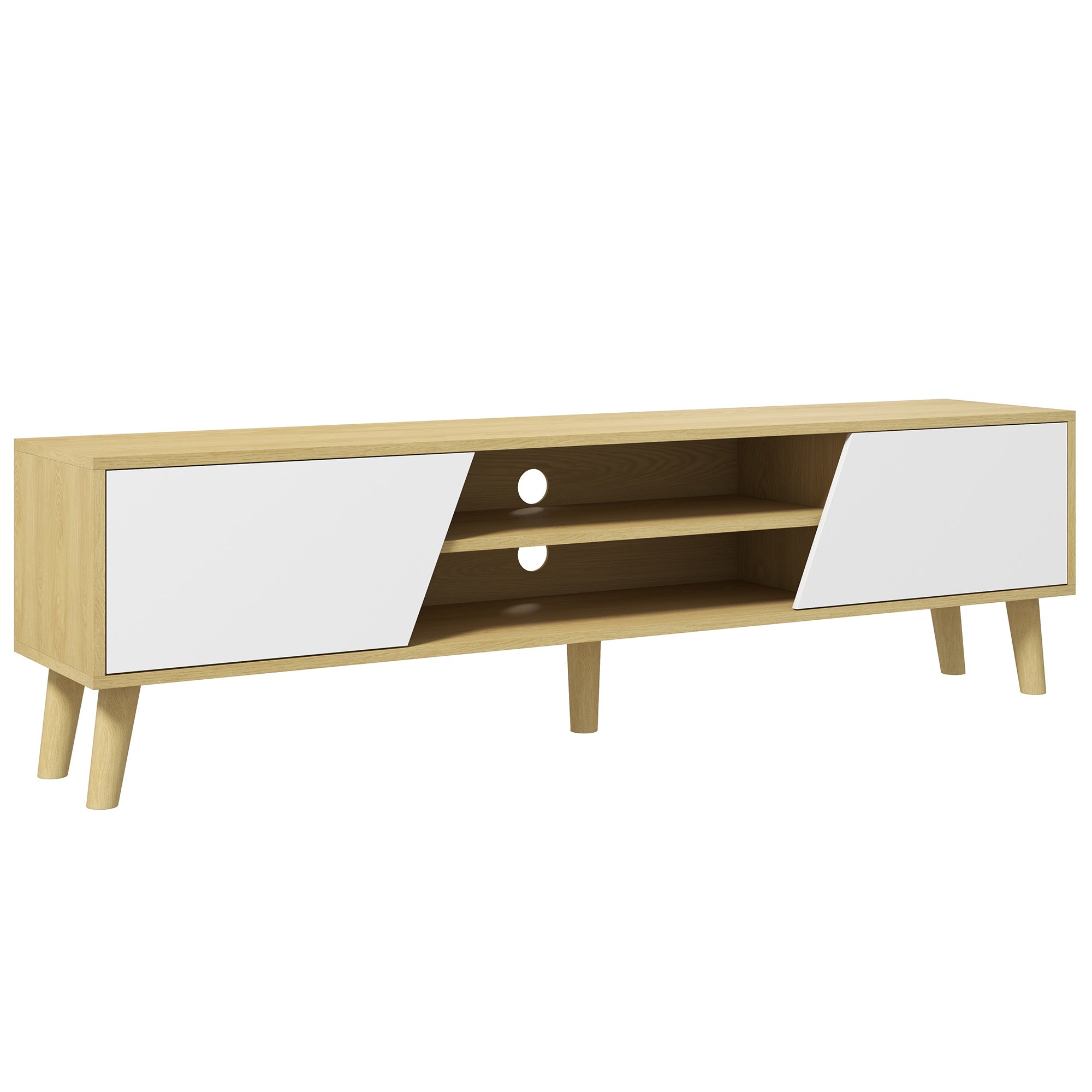 HOMCOM TV stovas, pramogų centras, televizoriaus spinta su 2 durimis, 2 lentynomis ir 5 mediniais kojomis televizoriams iki 65 colių, 150x30x42 cm, Ąžuolo spalvos