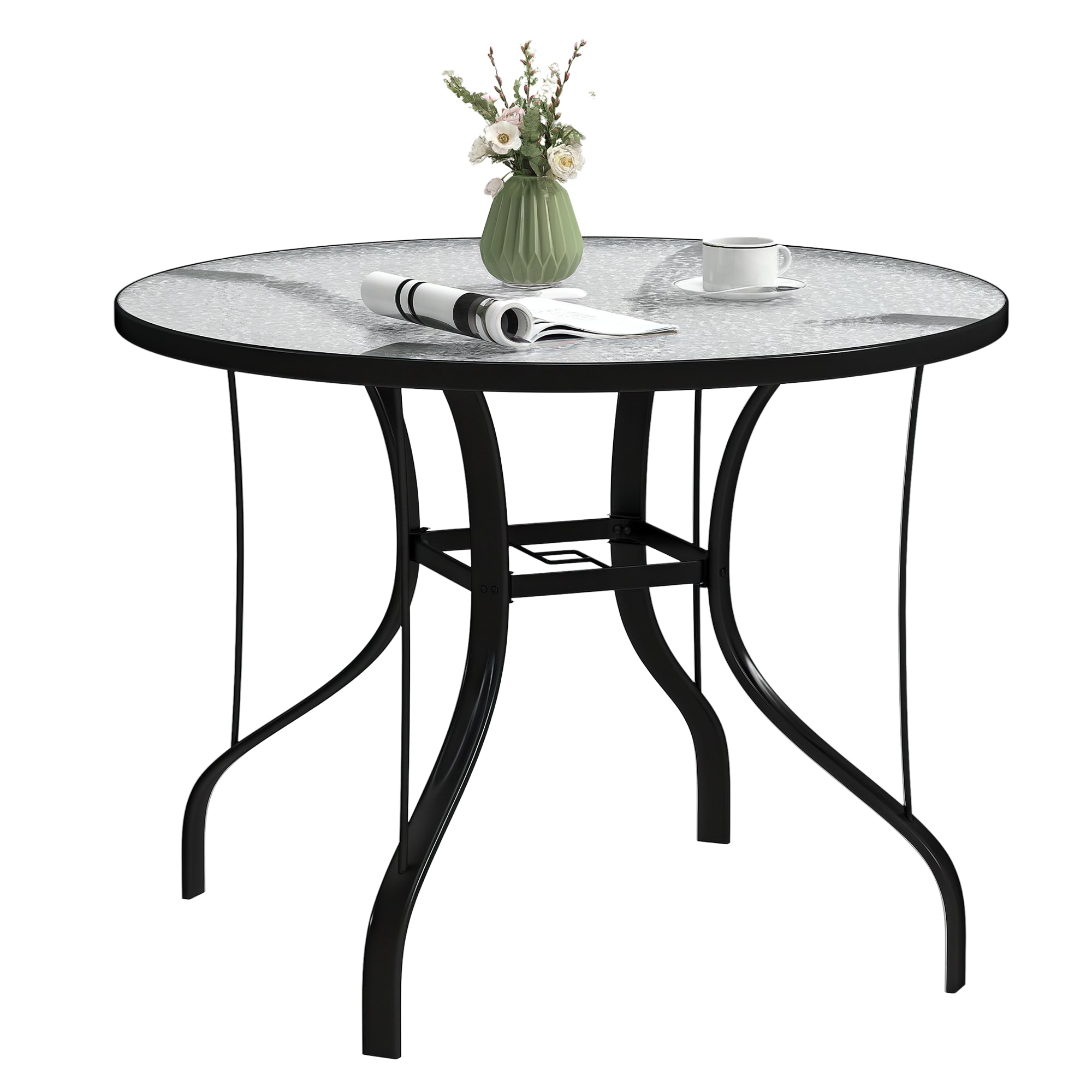 Outsunny Utomhus Trädgårdsbord med Umbra Hål - Matbord med Glasskiva och Metallstruktur för Altan Terrass 96,5x71 cm Svart