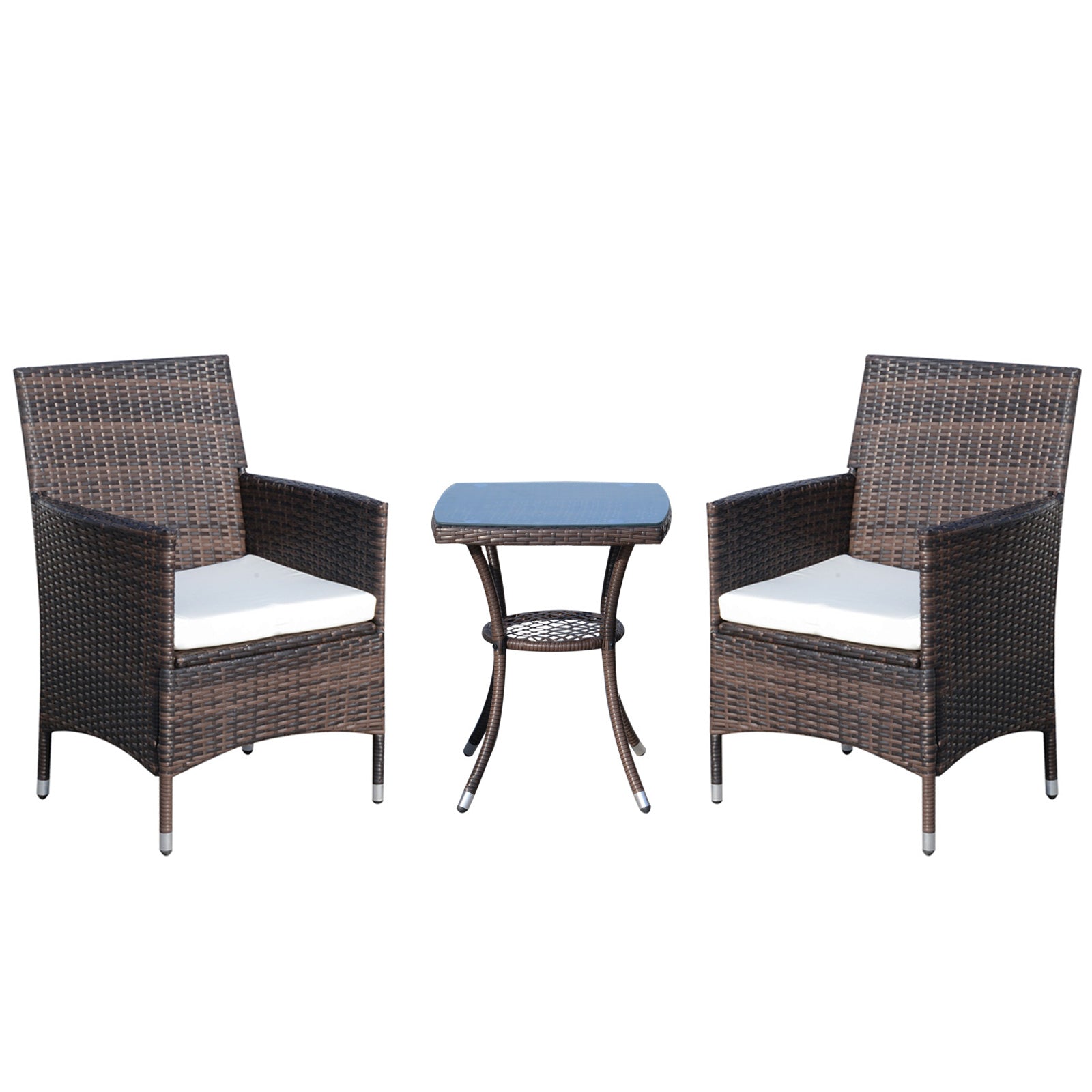 Outsunny Poly Rattan Utemöbelset, Balkongmöbler för 2 Personer, 3-delat Sittgrupp, 2 Stolar, Bord med Kuddar, Utesoffa för Trädgård, Terrass, Balkong, Brun