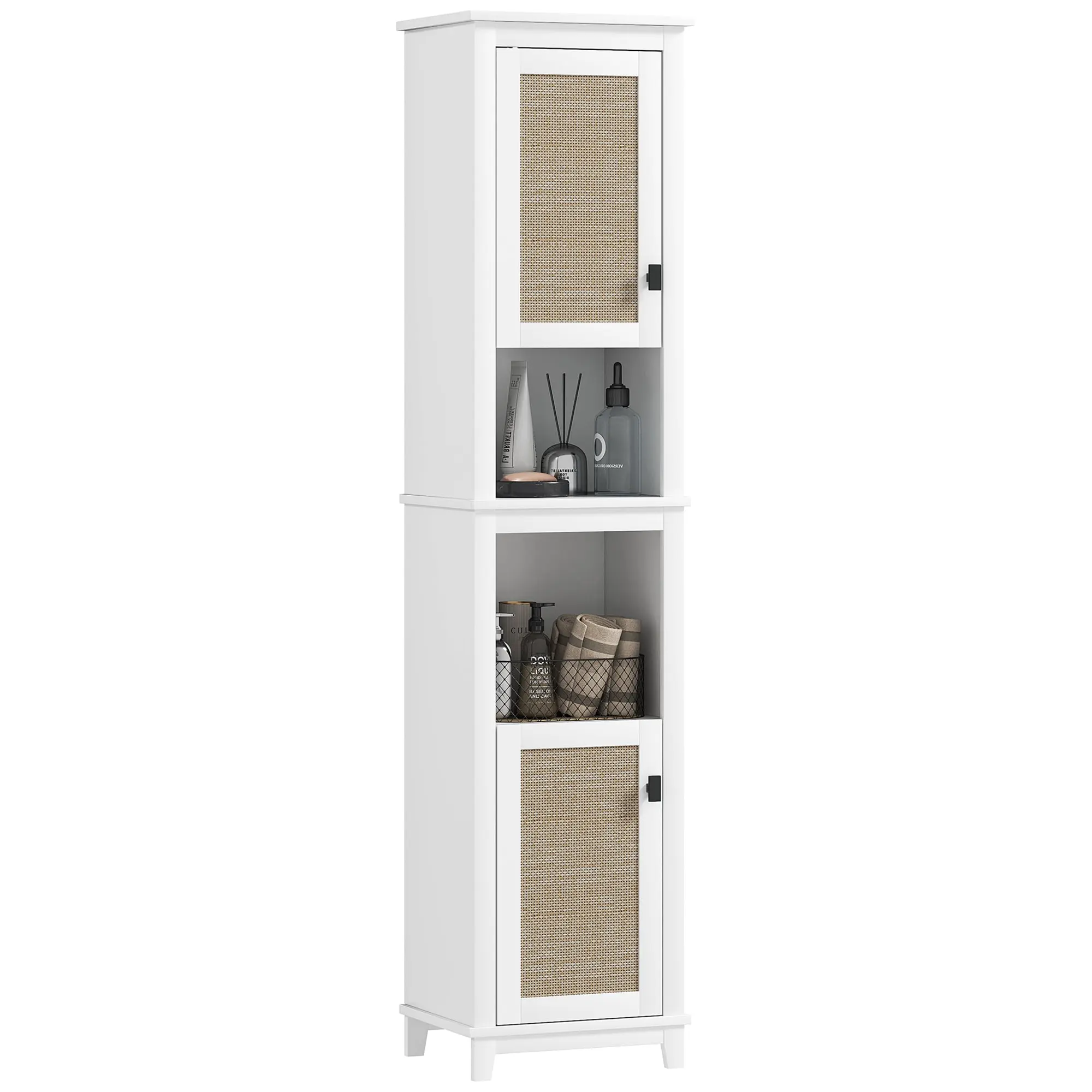 Bathroom Column with 2 Doors with Rattan Front Boho Bathroom Cabinet with Adjustable Shelves and 2 Compartments 40x30x167.5 cm White