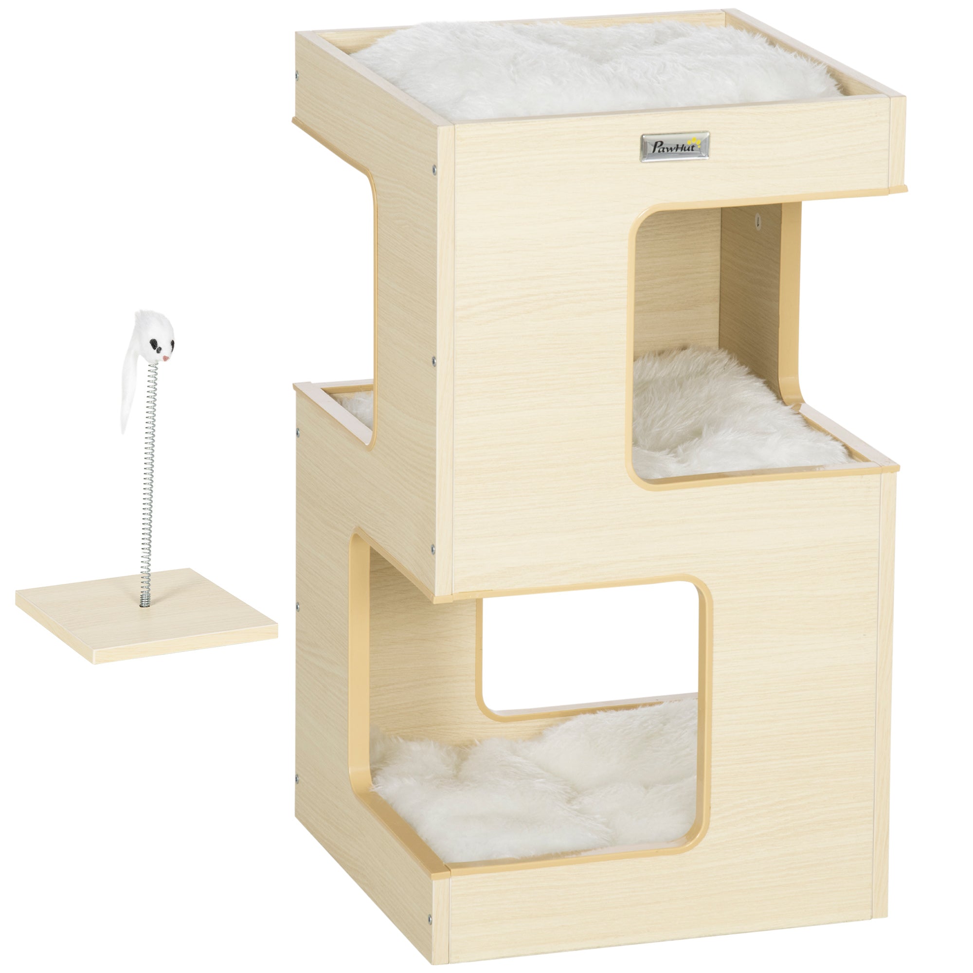 Cat Cave, 3-Tier Cat Cabinet with Cushion, Cat Hut, Cat House with Fake Mouse Toy, Cat Furniture, Indoor, Oak, 34 x 34 x 60 cm