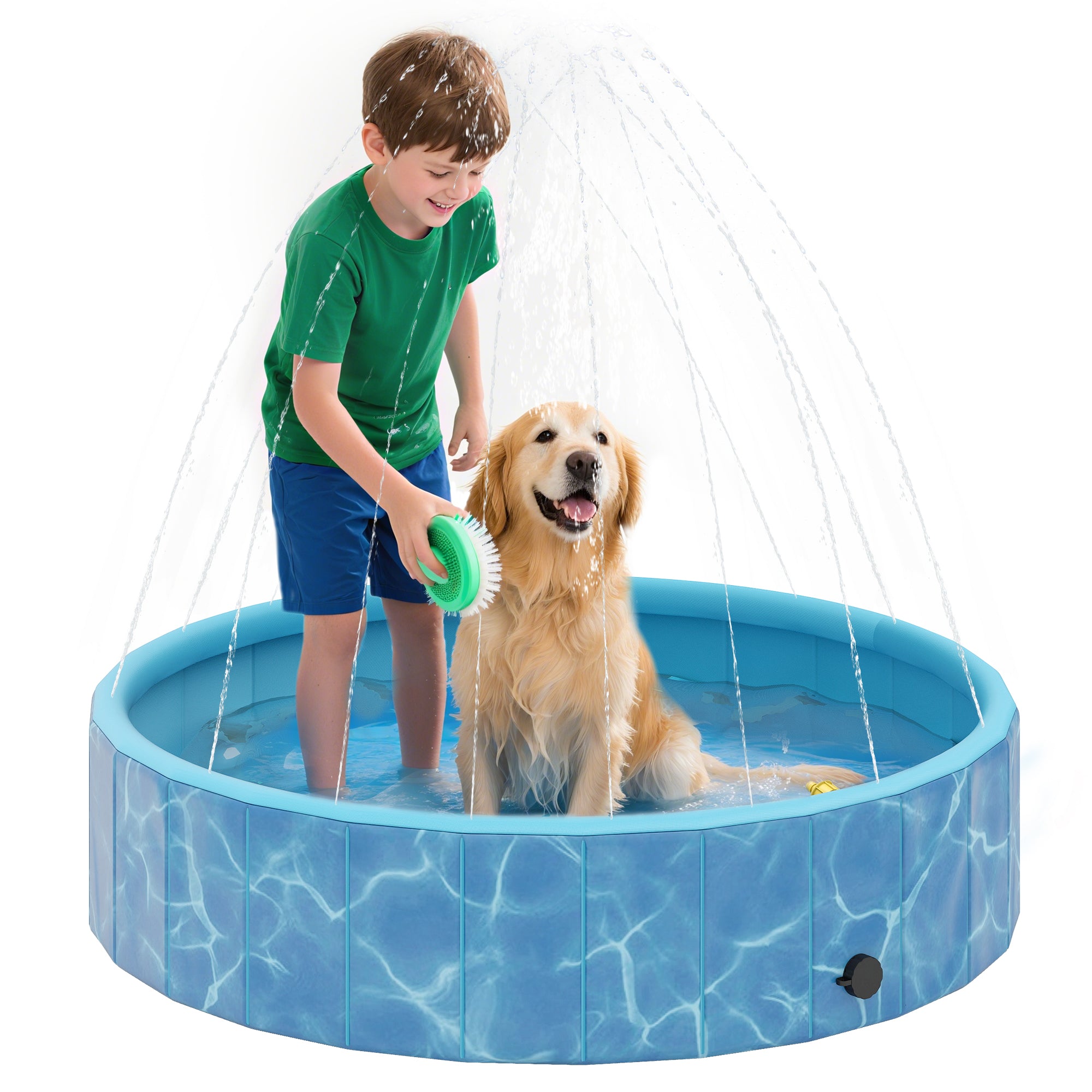 PawHut Hundepool Foldbar Sprøjt Pool med Fontaine og Vandpude Design Ø120 x 30 cm Skridsikker Hundebadekar Swimming Pool til Hunde og Katte