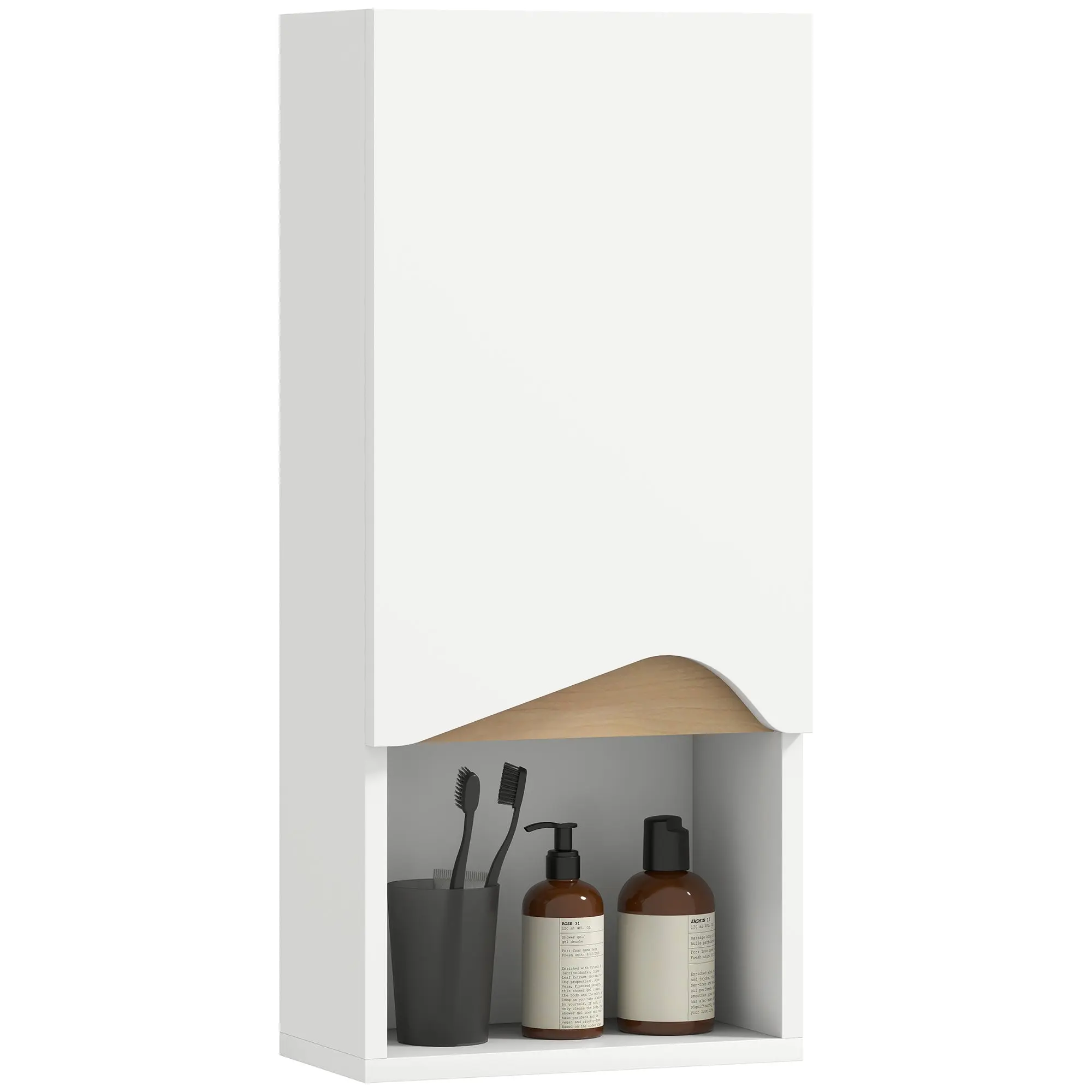Wall Mounted Bathroom Cabinet with Adjustable Shelf, Soft-Close Door, Open Storage Compartment, Slim Bathroom Storage Cupboard, White, 30 x 17 x 67 cm