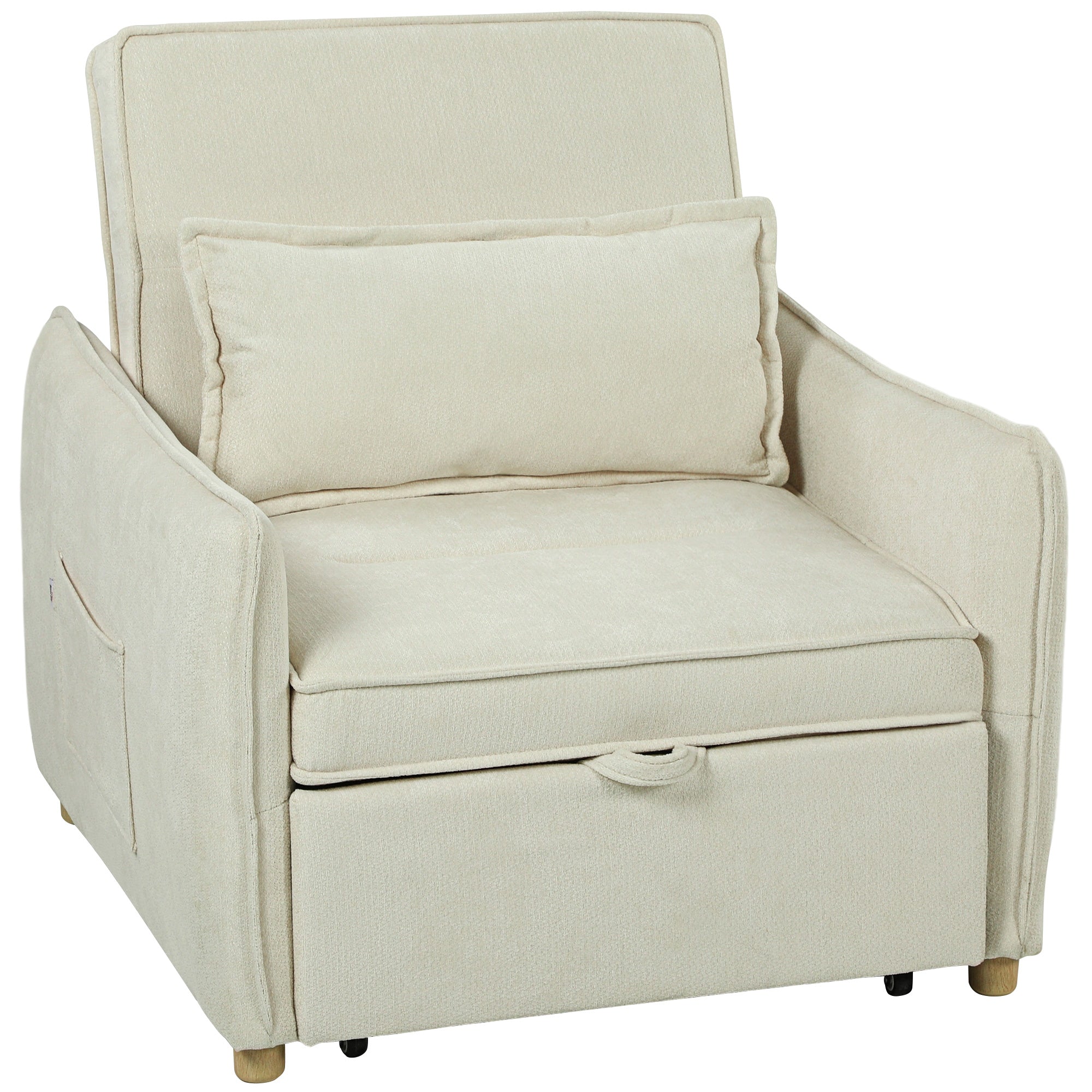 HOMCOM 3 in 1 Convertible Chair Bed 1 Seater Sofa Bed Pull Out Sleeper Chair Adjustable Backrest Chenille Fabric Guest Bed for Small Spaces Cream