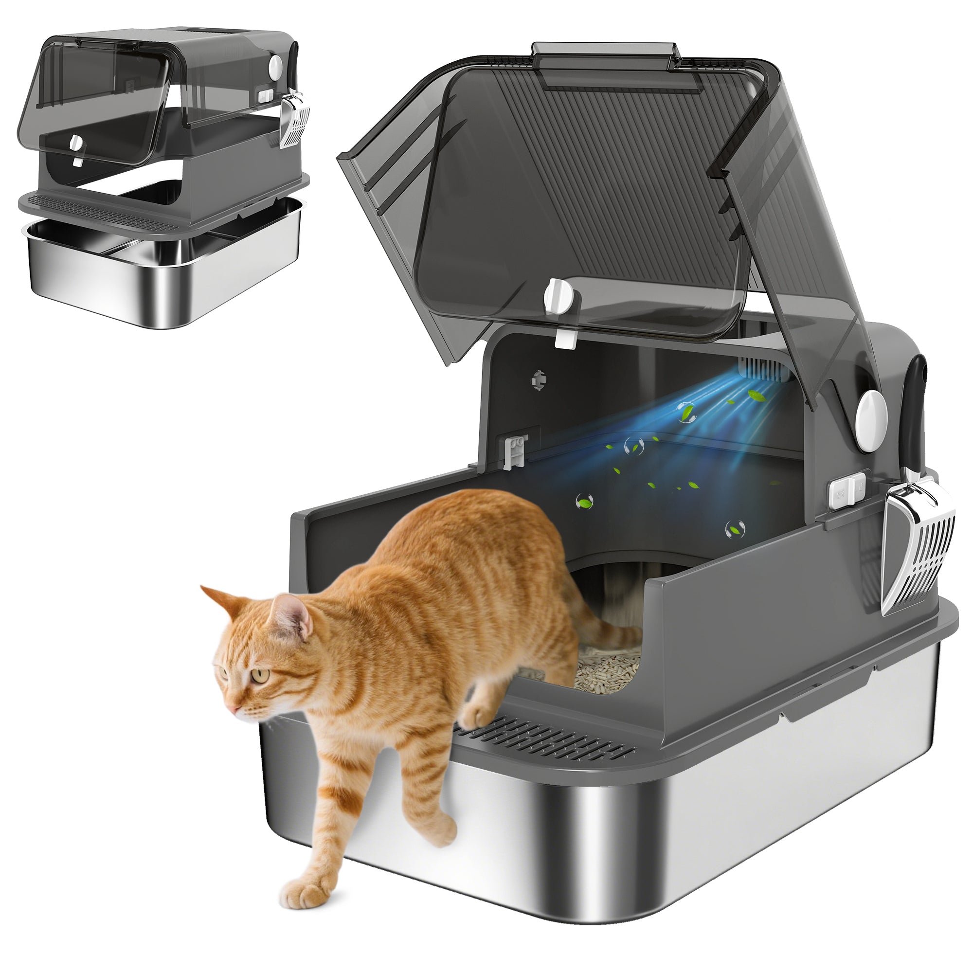 PawHut XXL котешка тоалетна от неръждаема стомана за големи котки — покрита, с двоен вход, депо за дезодорант и лопатка, лесна за почистване, черна