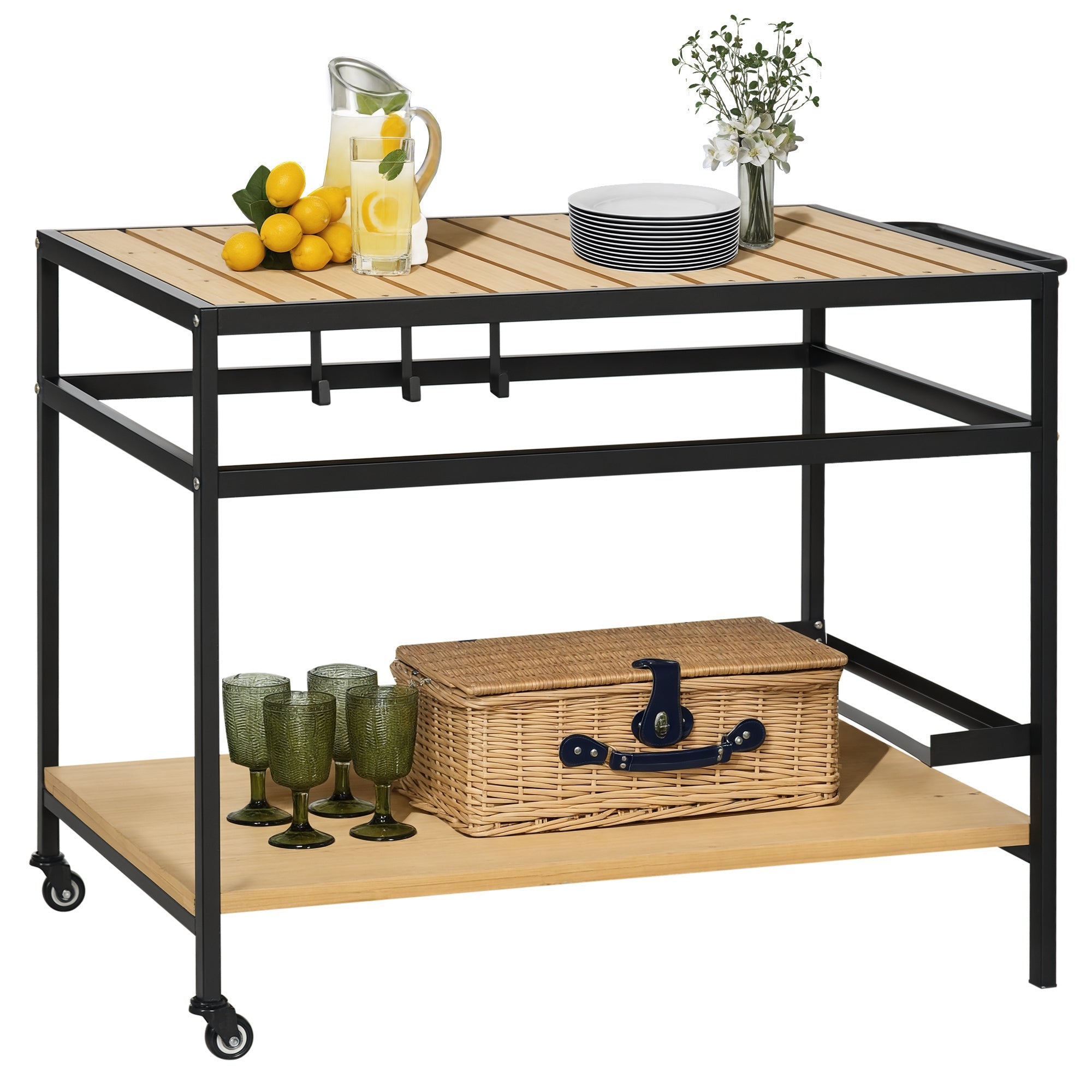 Outsunny Serveerimistooli, Grillitool 2 Riiuliga, Aia Käru Konksudega, Väljas Mitmeotstarbeline Laud Ratastega, Aed, Balkon, Looduslik, 107 x 65 x 80cm