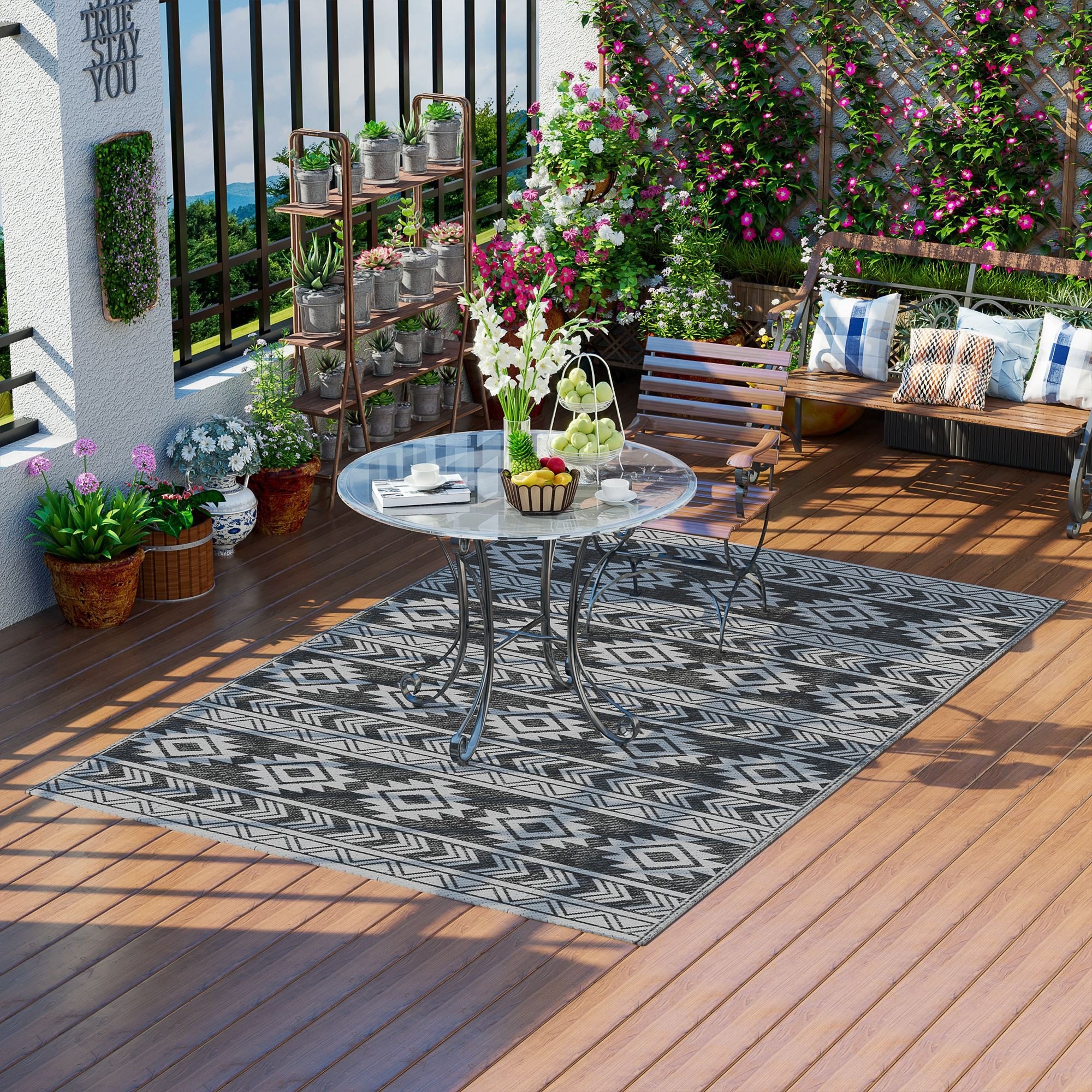 Outsunny Outdoor-Teppich Wetterfester Innen- und Außenteppich mit geometrischem Design, flach gewebter Teppich für Balkon, Garten, Terrasse, Badezimmer, Flur und Küche 182 x 274 cm Schwarz+Grau