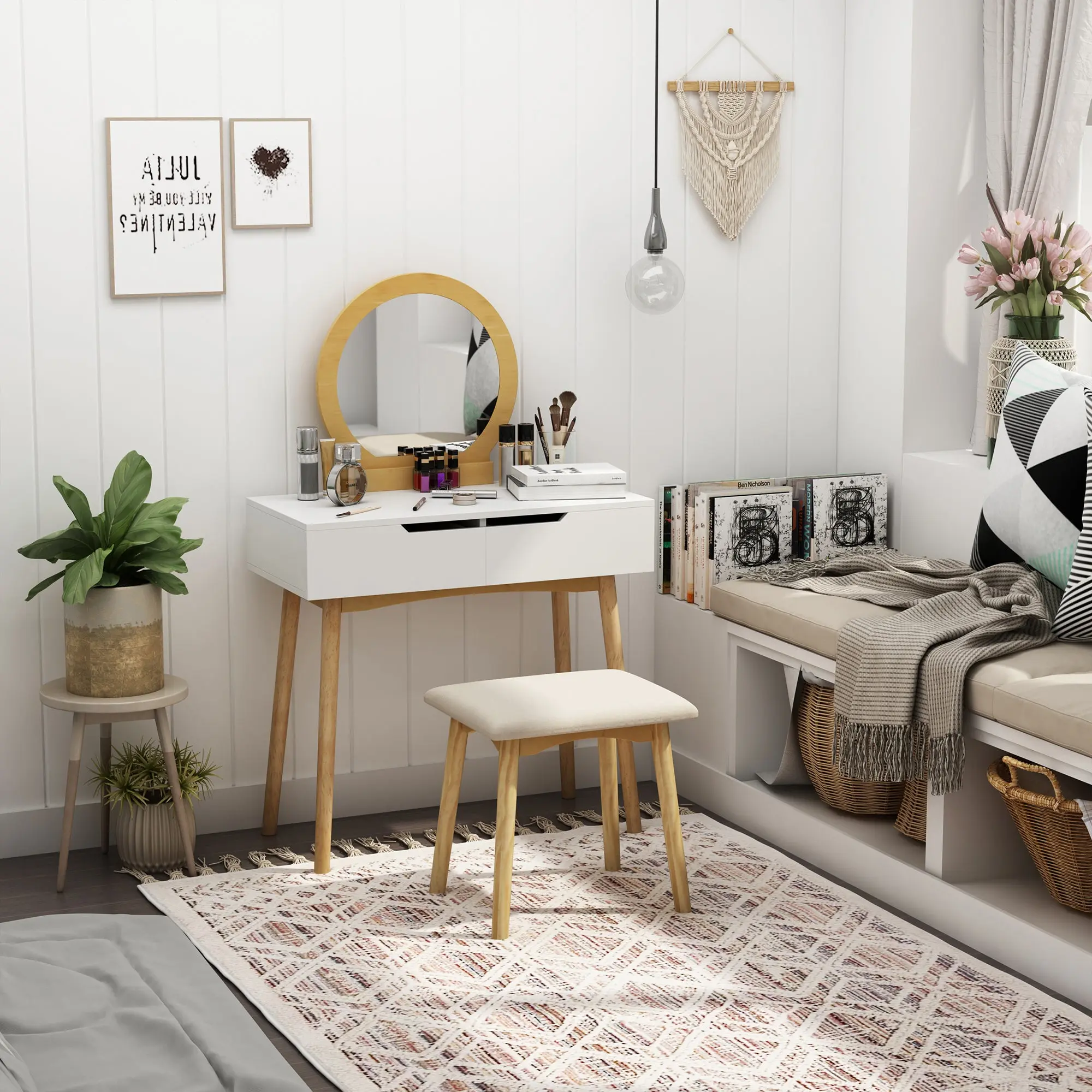 Scandinavian Design Dressing Table Makeup Table with Mirror, 2 Drawers and Stool White Pine