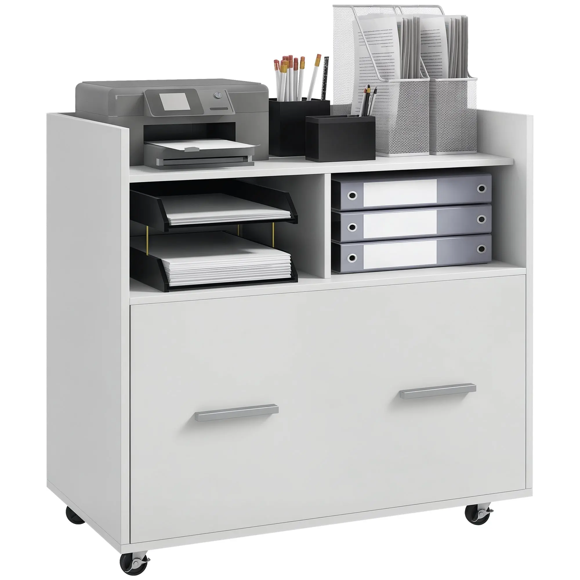 Printer Stand with Locking Wheels, Large Drawer, Open Shelf & Adjustable File Bar, Multipurpose Office Cabinet — 30" x 15.7" x 29.7" (76 x 40 x 75.5 cm), White