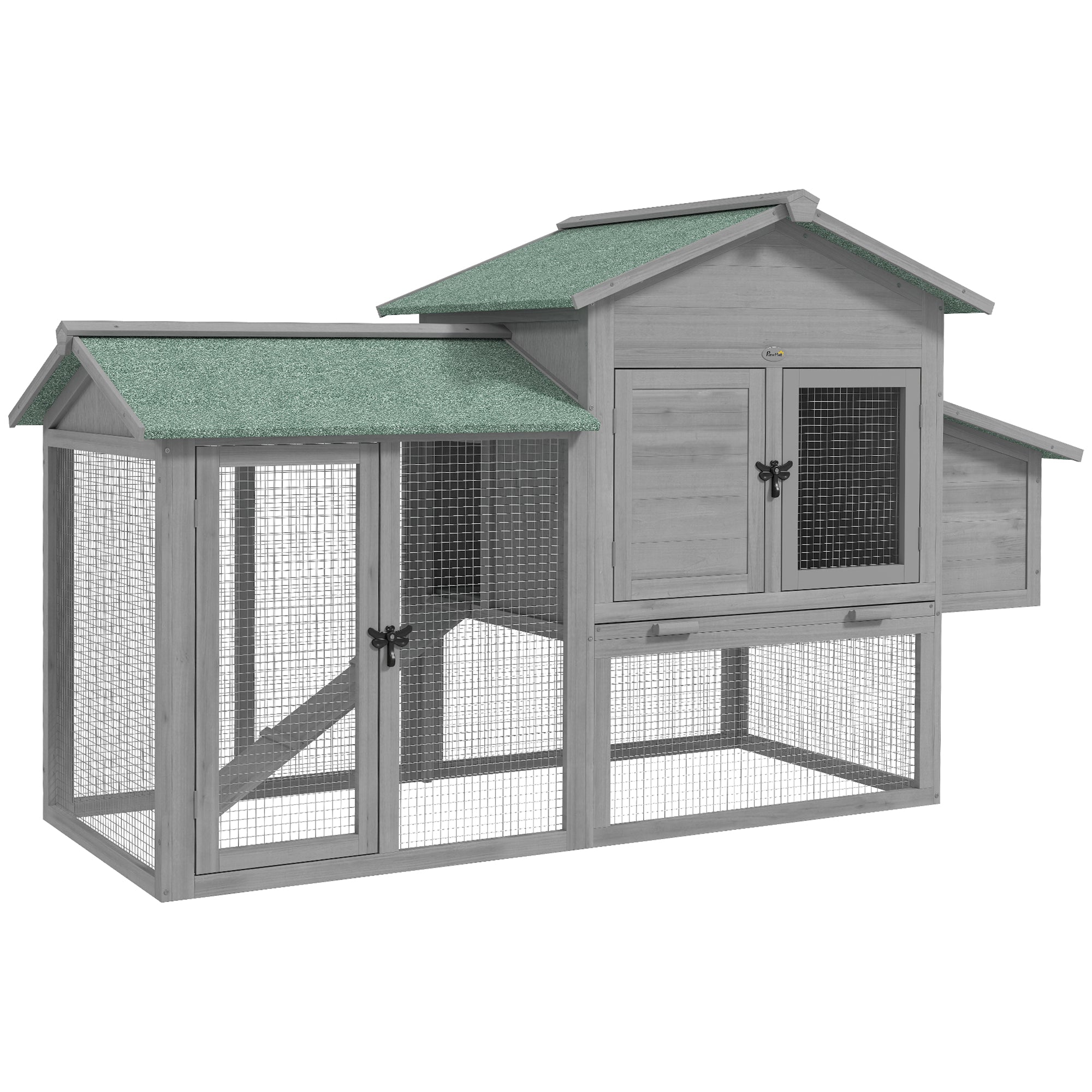 PawHut houten kippenhok met ren, 168 x 75 x 103 cm — legnest, trapje & uittrekbare lade, asfaltdak — grijs/groen, geschikt voor 2–4 kippen