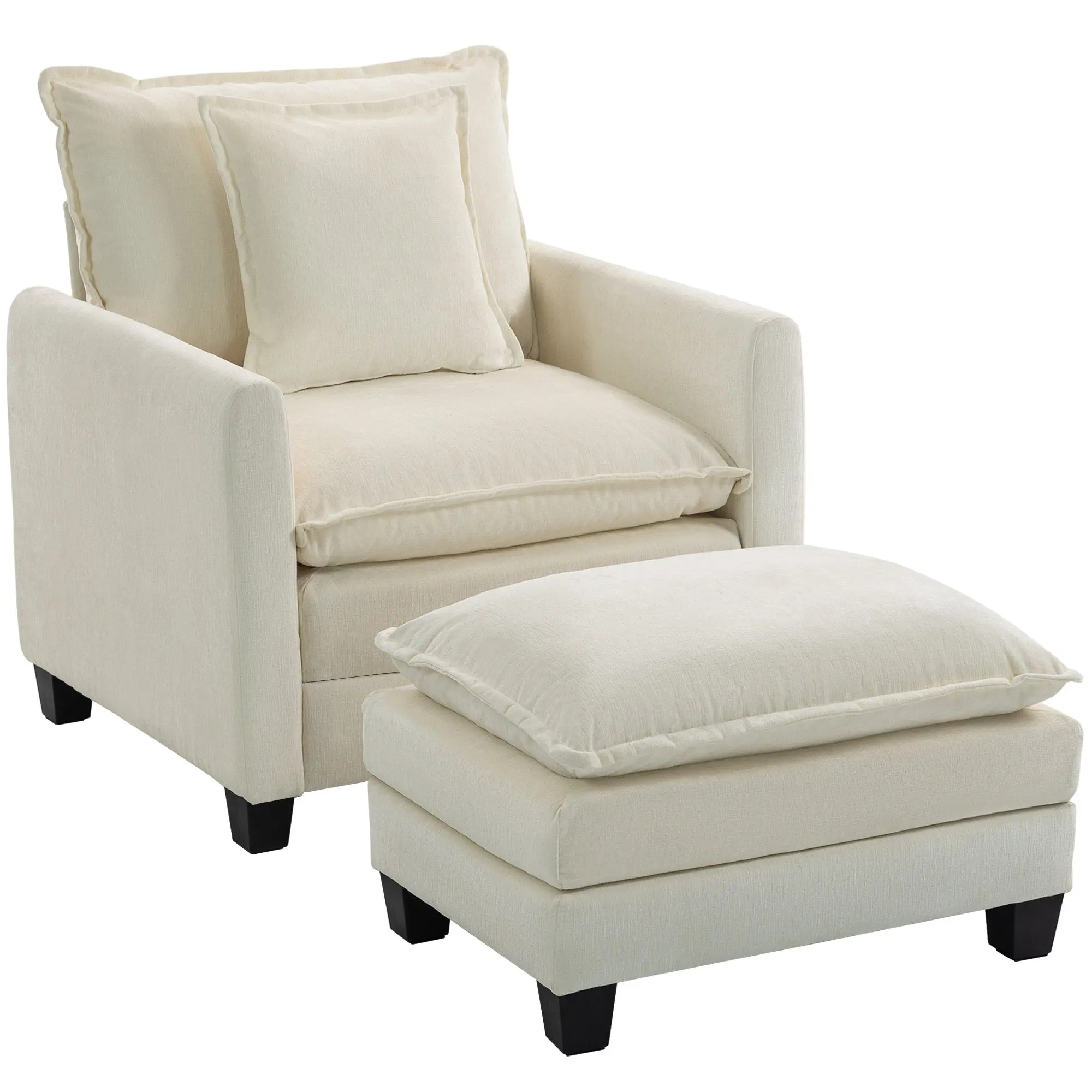 Cream Chenille Armchair with Ottoman — Wide 1-Seater, Double-Layer Padding & Lumbar Pillow