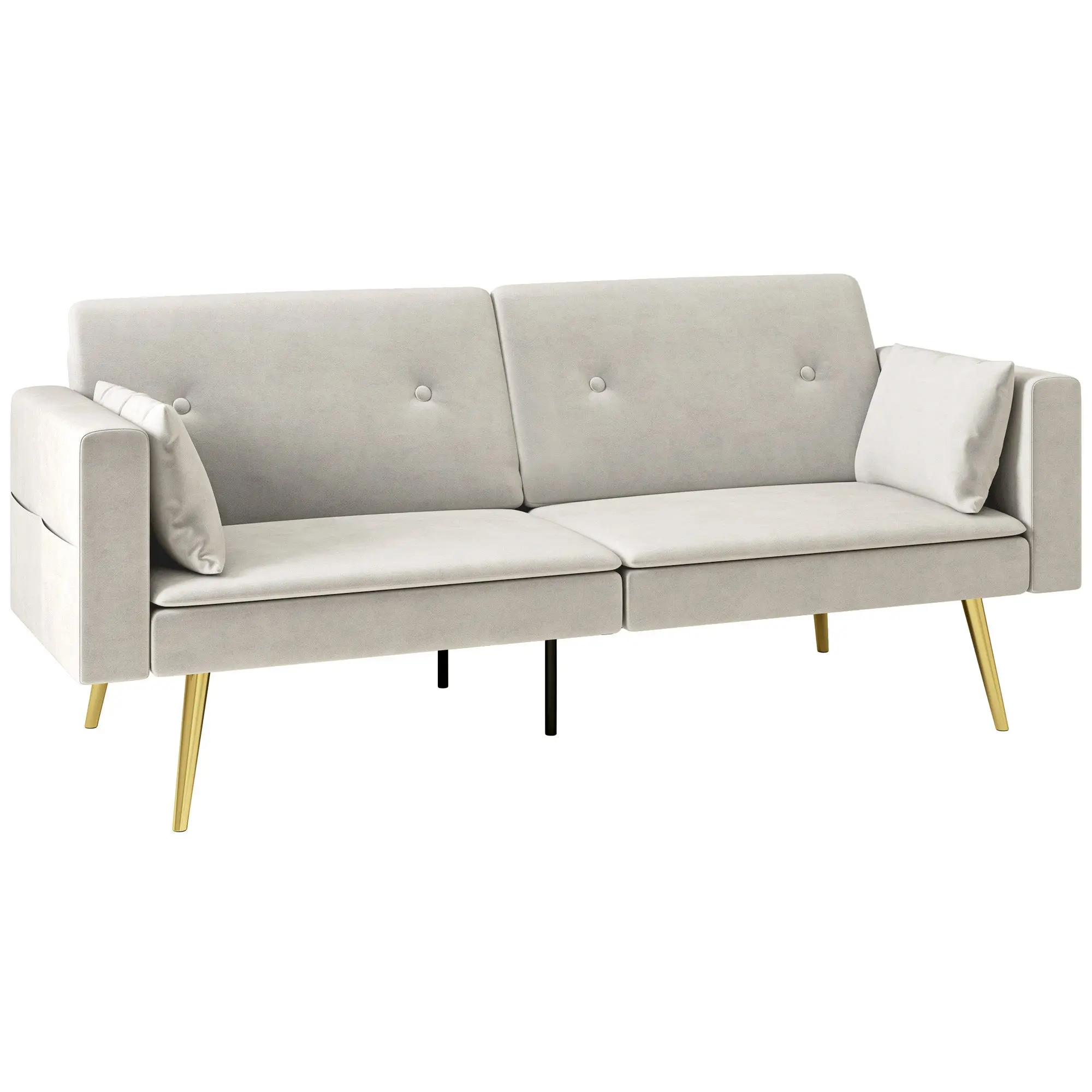 Sleeper Sofa, Sofa Bed with Adjustable Backrest, Side Pocket, Upholstered 2-Seater Sofa with Sleeper Function, Pillows, for Living Room, Bedroom, Beige