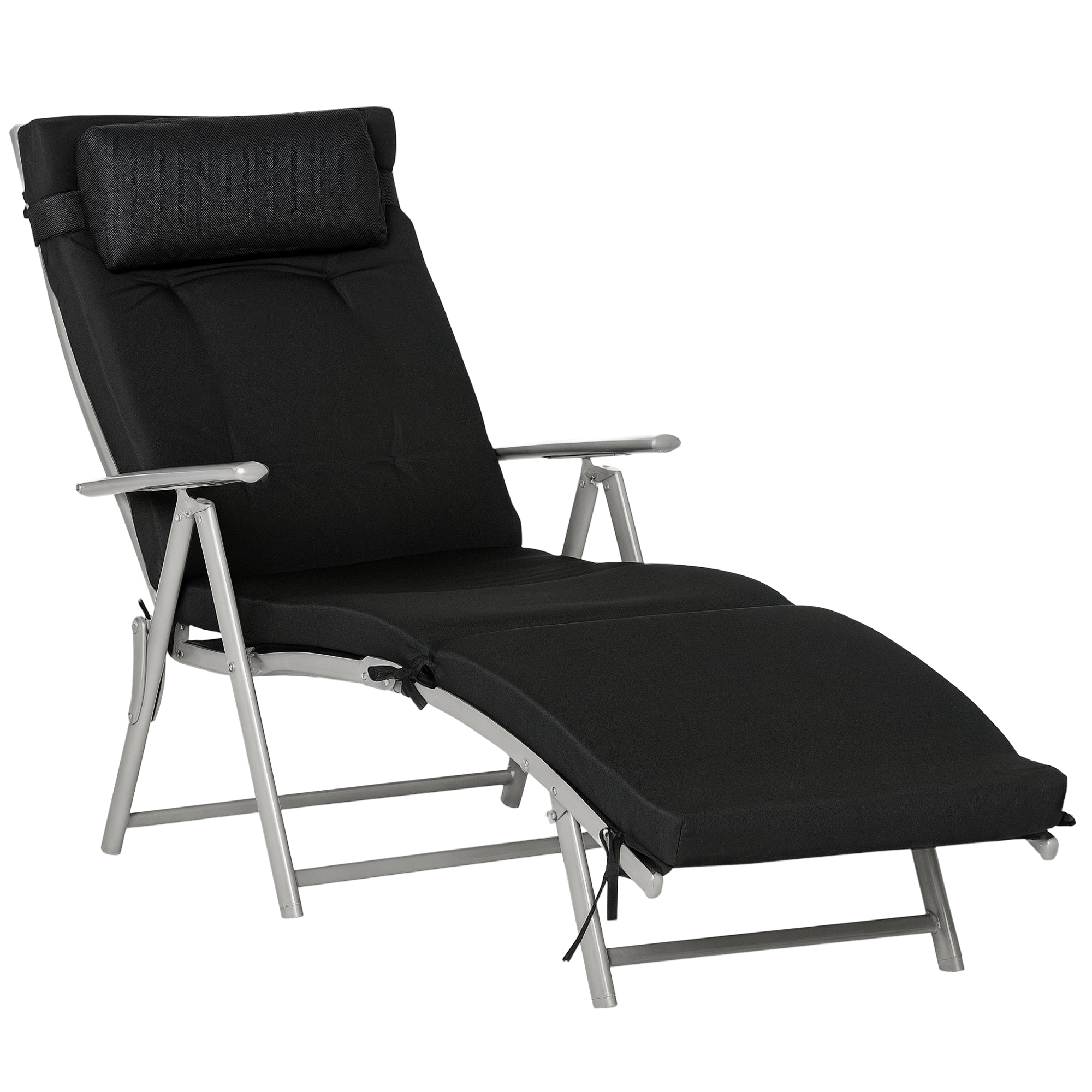 Outsunny Vouwbare Zonnebed Strandstoel met Hoofdkussen en Zitkussen, Verstelbare Rugleuning met 7 Posities, Tuin Zonne-Lounger Ontspanningsstoel tot 165 kg, voor Tuin Vakantie Buiten, Zwart