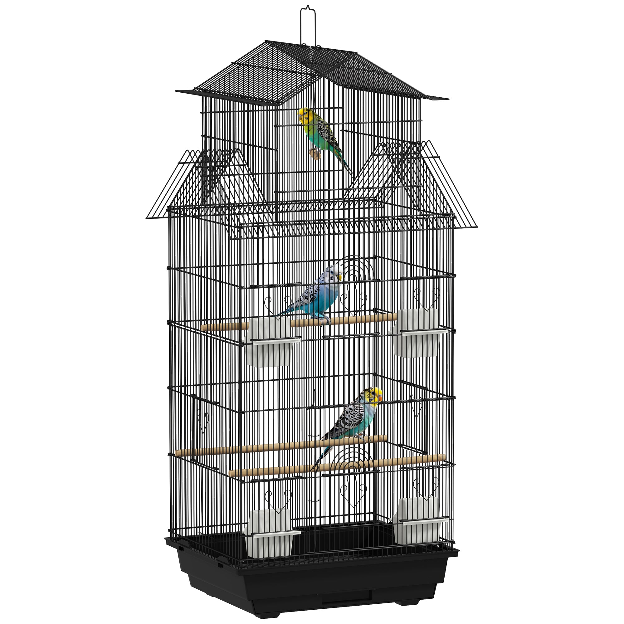 Cage à Oiseaux en Acier PawHut avec Nourrisseurs, Perchoirs, Balancoire et Bac Amovible - Grande Cage pour Perroquets, Canaris et Inséparables 50,5x41x104 cm Noir