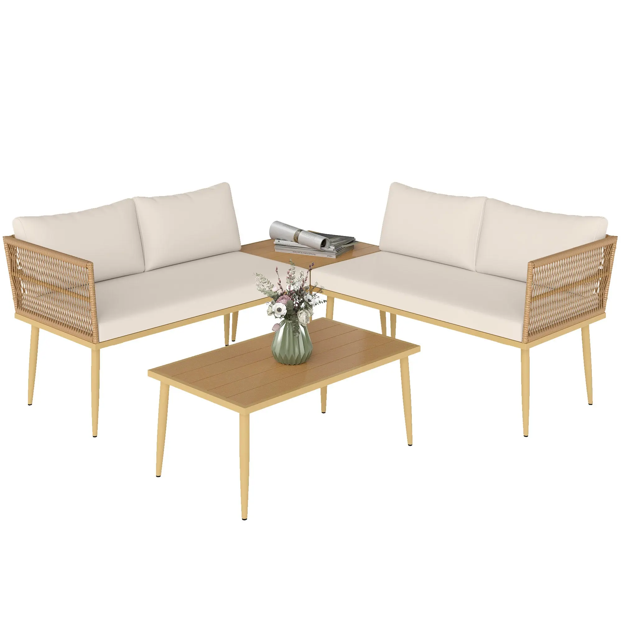 4-Piece Rattan Garden Furniture Set, Outdoor Lounge with 2 Two-Seater Sofas, 2 Coffee Tables and Washable Cushions, Steel Frame, UV-Resistant, Natural and Cream