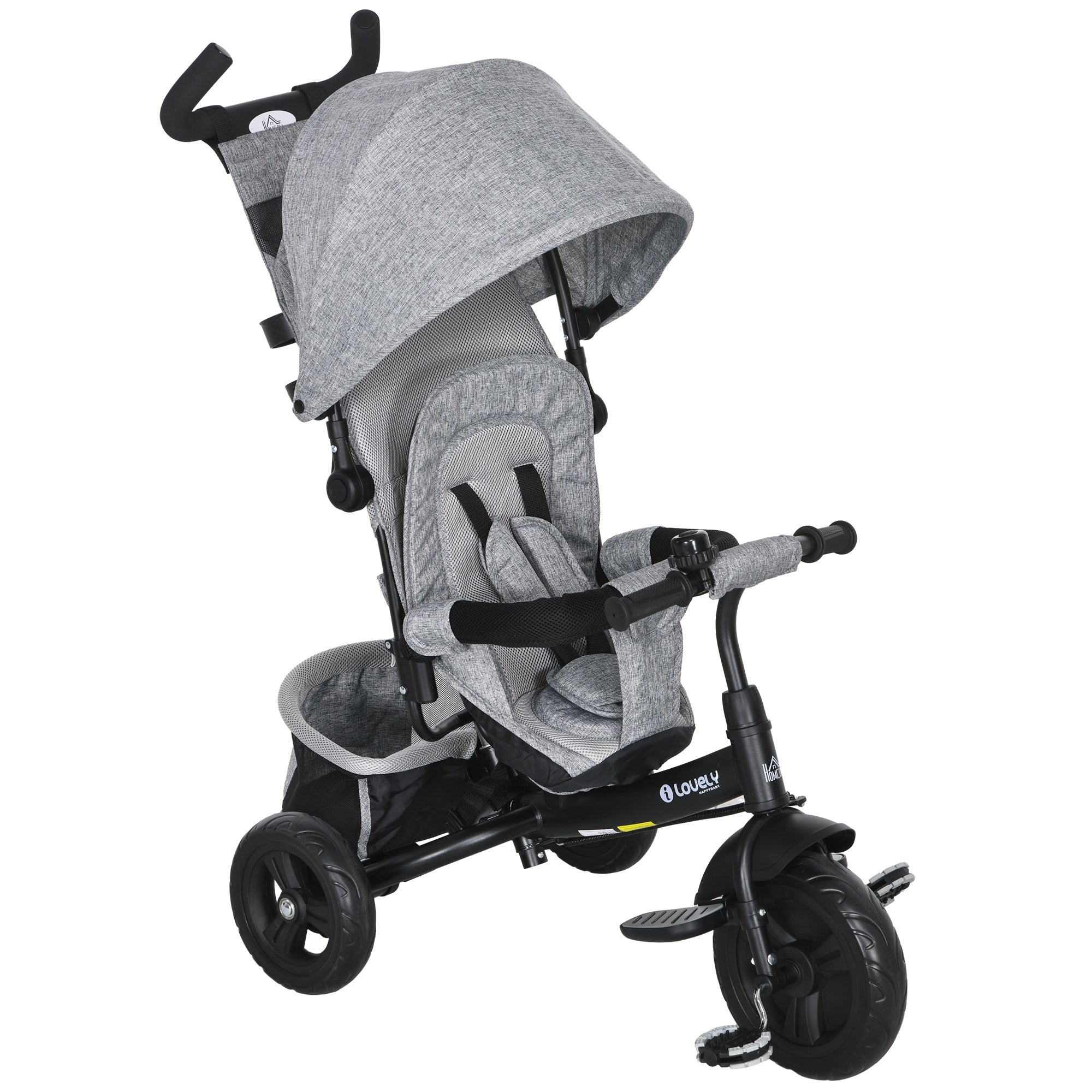 6-in-1 Tricycle with Push Handle, Kids Tricycle with Removable Sun Canopy, Cushion, Balance Bike with 5-Point Safety Belt, Basket, Cup Holder, for 1-5 Years Children, Gray