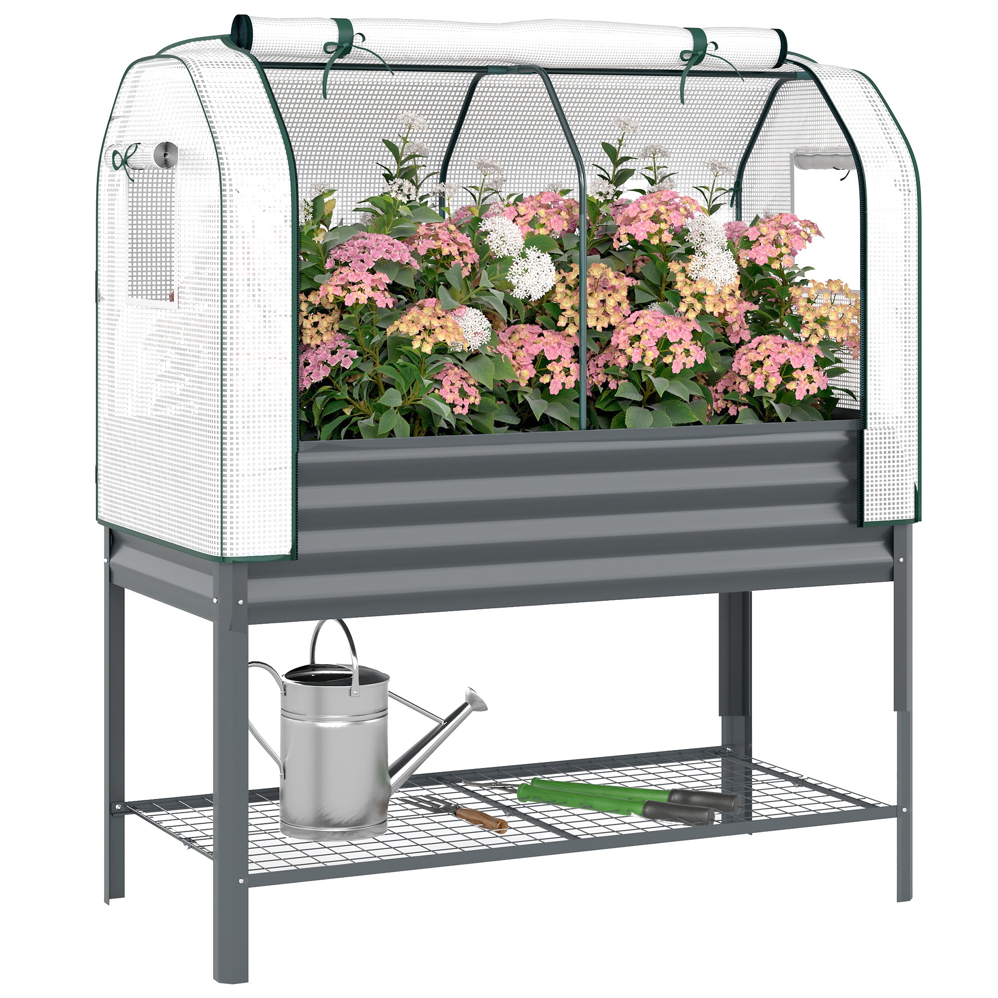 Elevated Planter with PE Greenhouse Cover — Metal Raised Garden Bed with Greenhouse, 167 L (44.1 gal) with Liner & Lower Shelf, for Plants, Flowers & Vegetables, 47.2 x 21.7 x 55.1 in (120 x 55 x 140 cm), Dark Gray