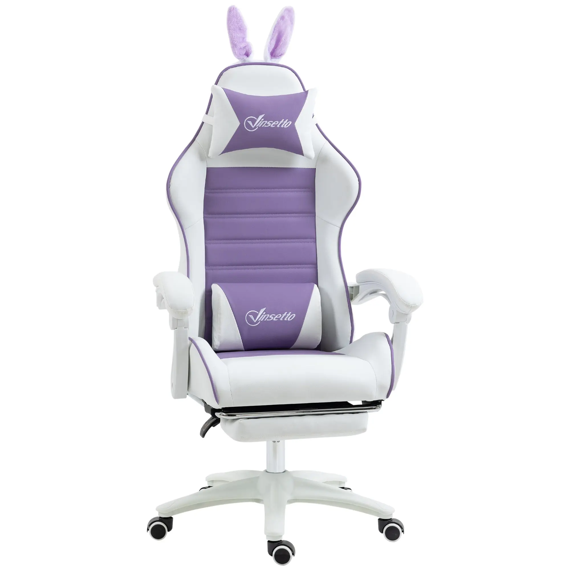 Ergonomic Gaming Chair with Footrest & Rabbit Ears, Reclining Gamer Chair 135°, Adjustable Height Office Chair with Lumbar Support, Headrest, Faux Leather, Purple