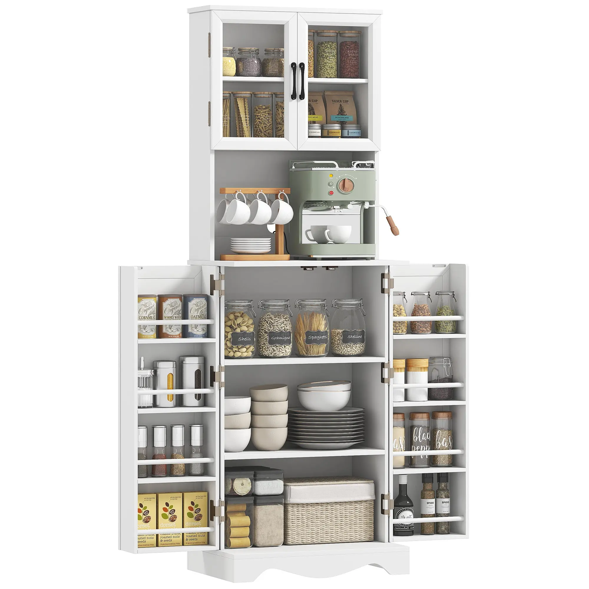 Tall Kitchen Cabinet / Pantry with Acrylic Doors — 4 Doors, 8 Door Racks, Adjustable Shelf & Worktop, 60 x 39.5 x 179.6 cm (23.6 x 15.6 x 70.7 in), White