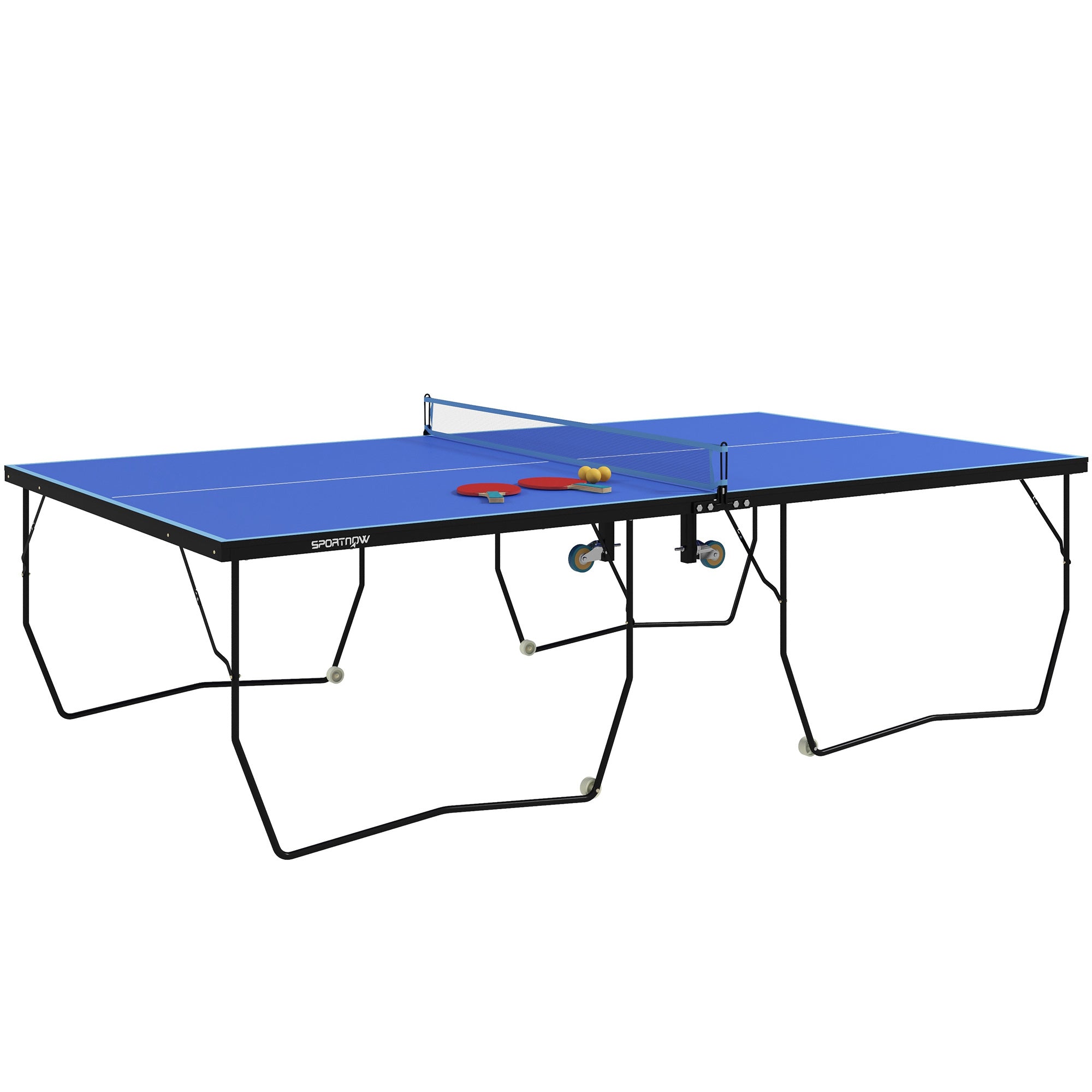 SPORTNOW Stol za Stolni Tenis, Sklopivi Ping Pong Stol s Mrežom, Kotačićima, 2 Reketa i 3 Loptice, Čelik, Plavi, 274 x 152.5 x 76 cm