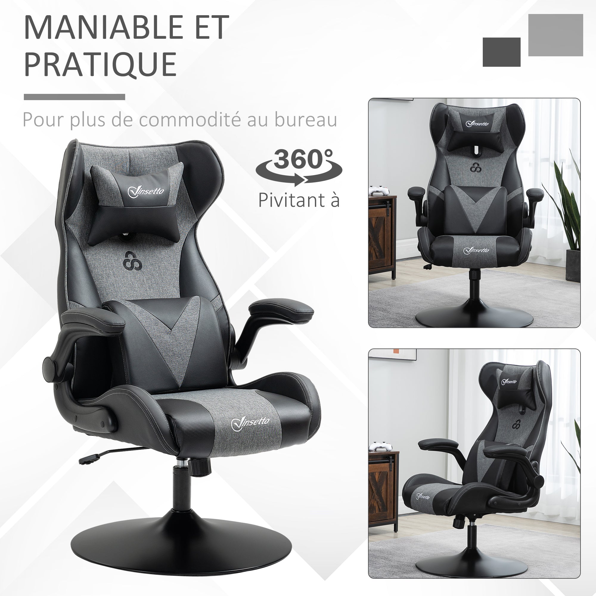 Ergonomická herná stolička Vinsetto s nastaviteľnou výškou, okrúhlou základňou, sklápacími opierkami rúk, podrúčkami a bedrovými vankúšmi PU Šedá Čierna